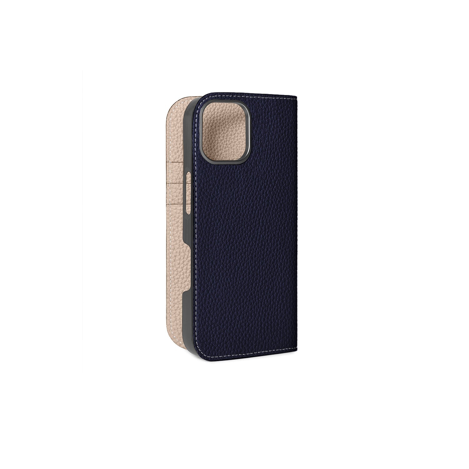 iPhone 16 Diary Case Shrink Leather (Navy × Greige)