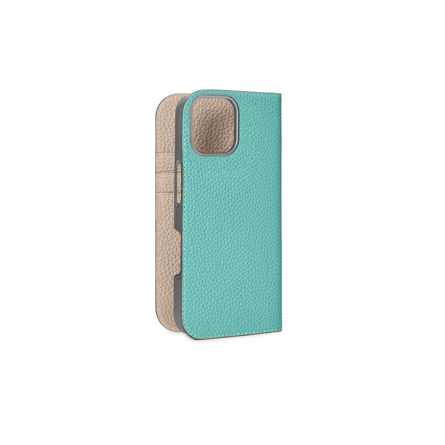 iPhone 16 Diary Case Shrink Leather (Atoll Blue × Greige (Etoupe edge paint))