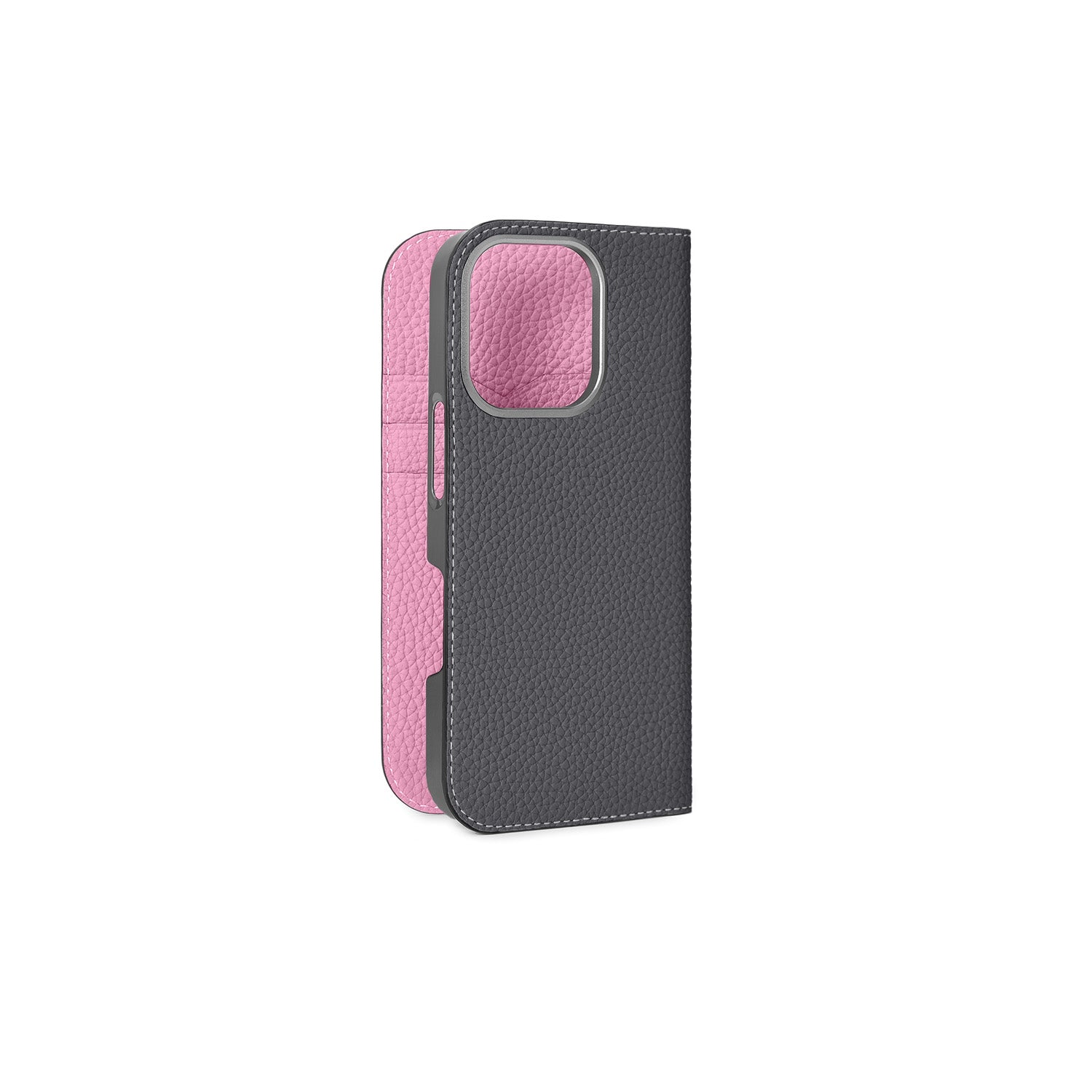 iPhone 16 Pro Diary Case Shrink Leather (Charcoal Gray × Taffy Pink)
