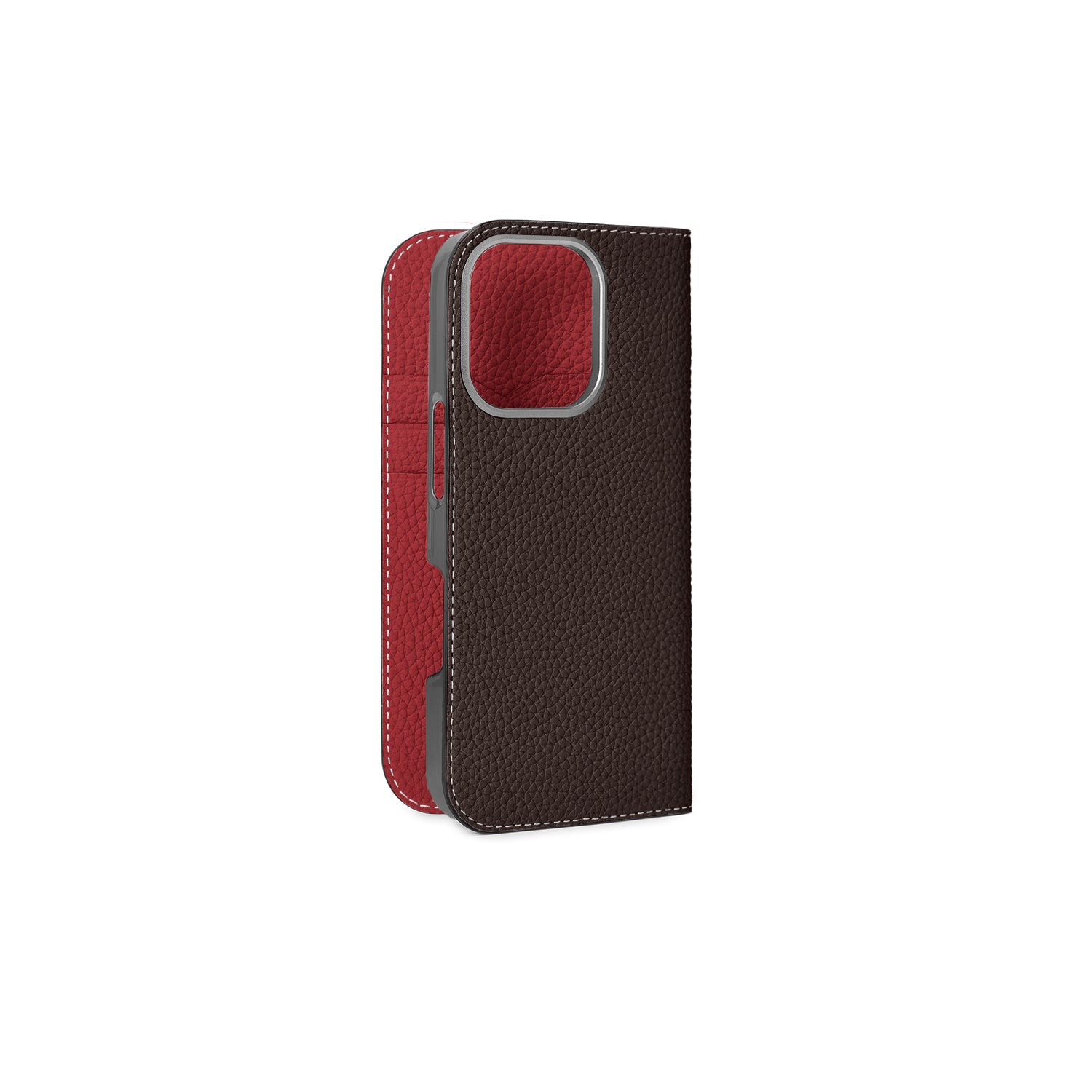 iPhone 16 Pro Diary Case Shrink Leather (Chocolate Brown × Red)