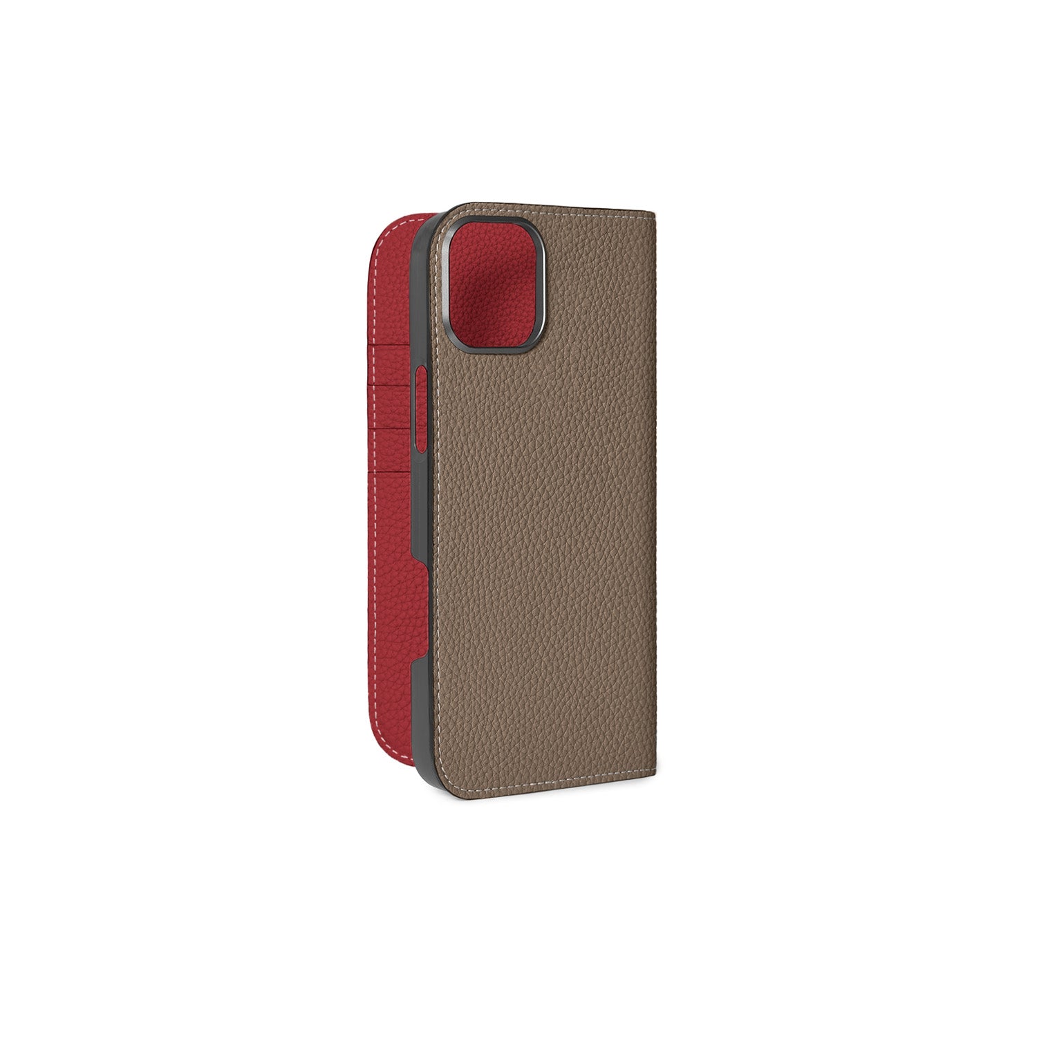 iPhone 16 Plus Diary Case Shrink Leather (Etoupe × Red)