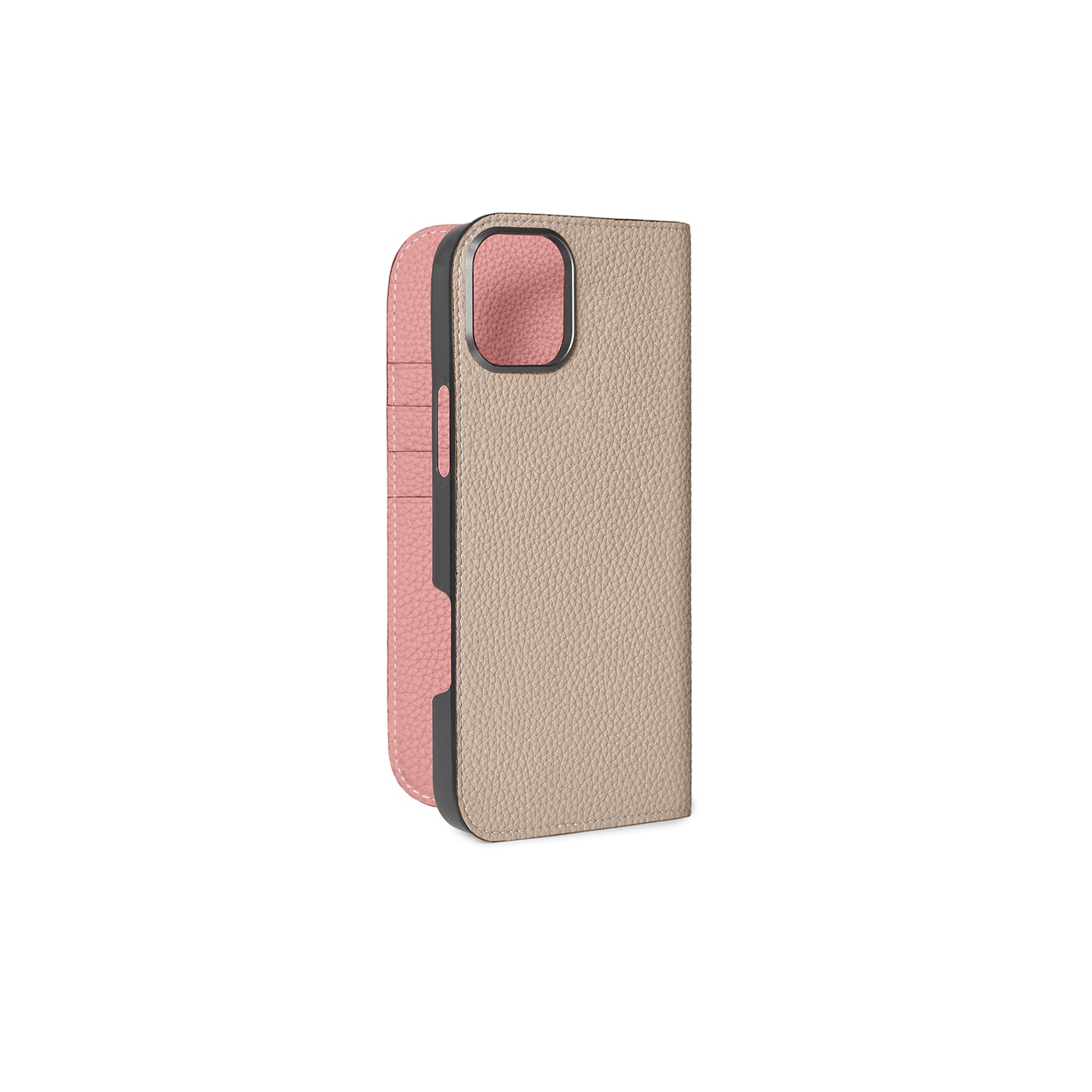 iPhone 16 Plus Diary Case Shrink Leather (Greige × Coral Pink)