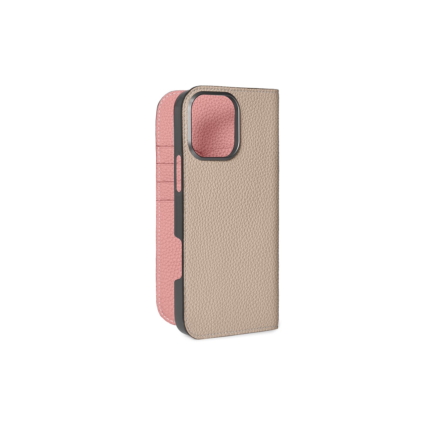 iPhone 16 Pro Max Diary Case Shrink Leather (Greige × Coral Pink)