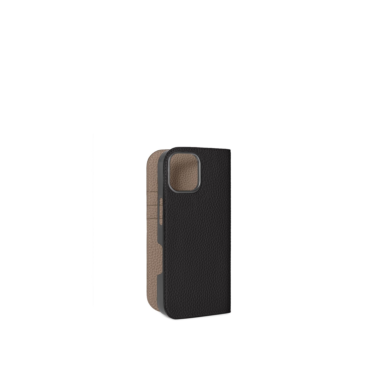 iPhone 17 Diary Case Shrink Leather (Black × Etoupe)
