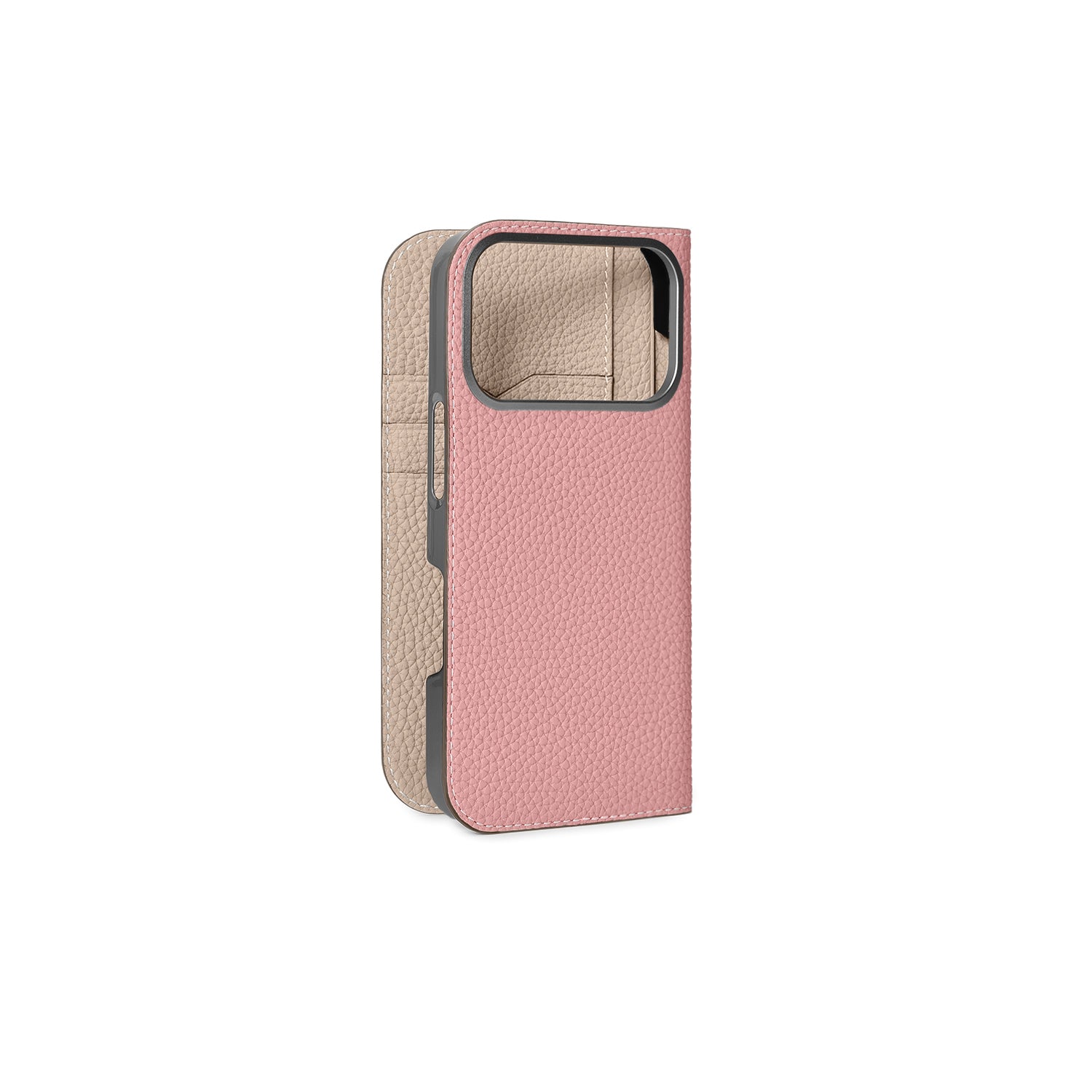 iPhone 17 Pro Diary Case Shrink Leather (Coral Pink × Greige)