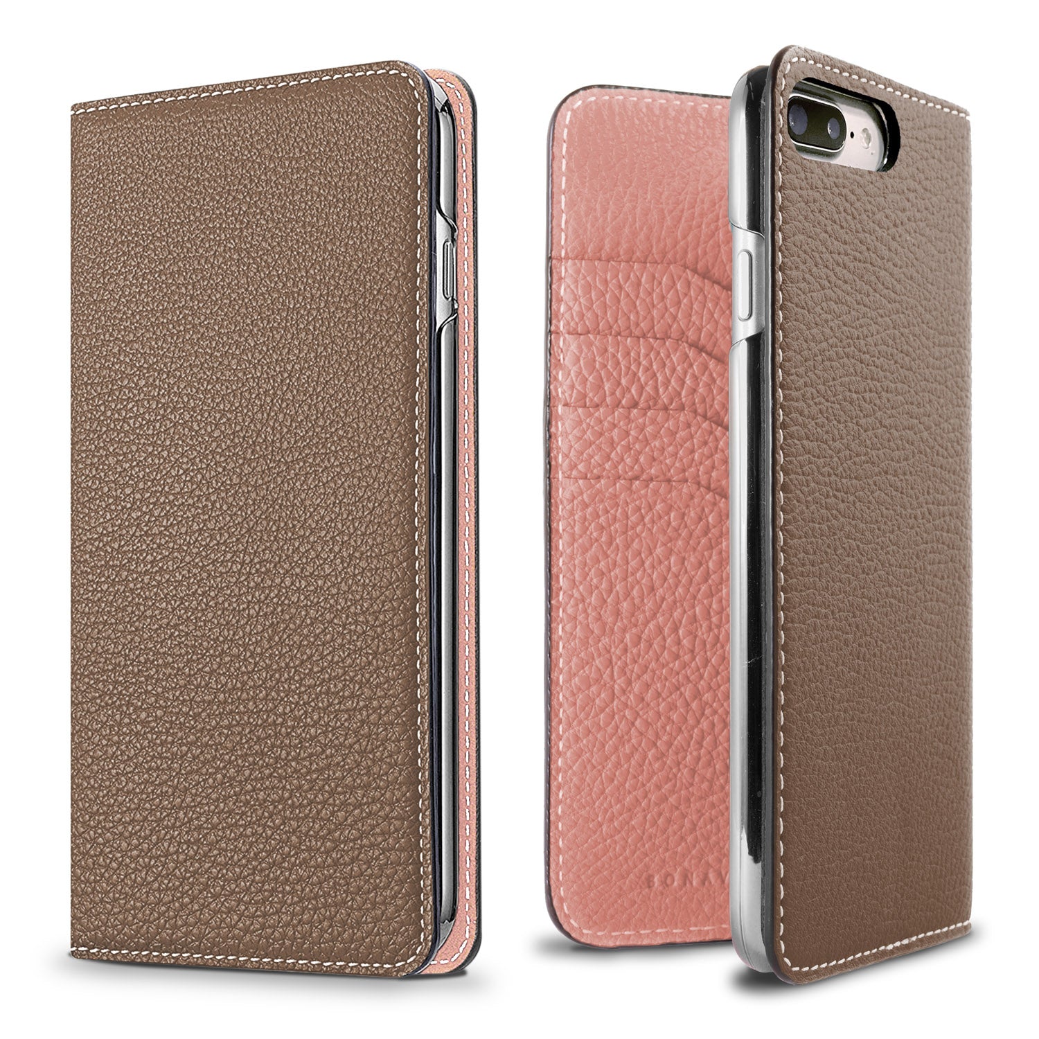iPhone 8 Plus / 7 Plus / 6s Plus / 6 Plus Diary Case Shrink Leather (Etoupe × Coral Pink)