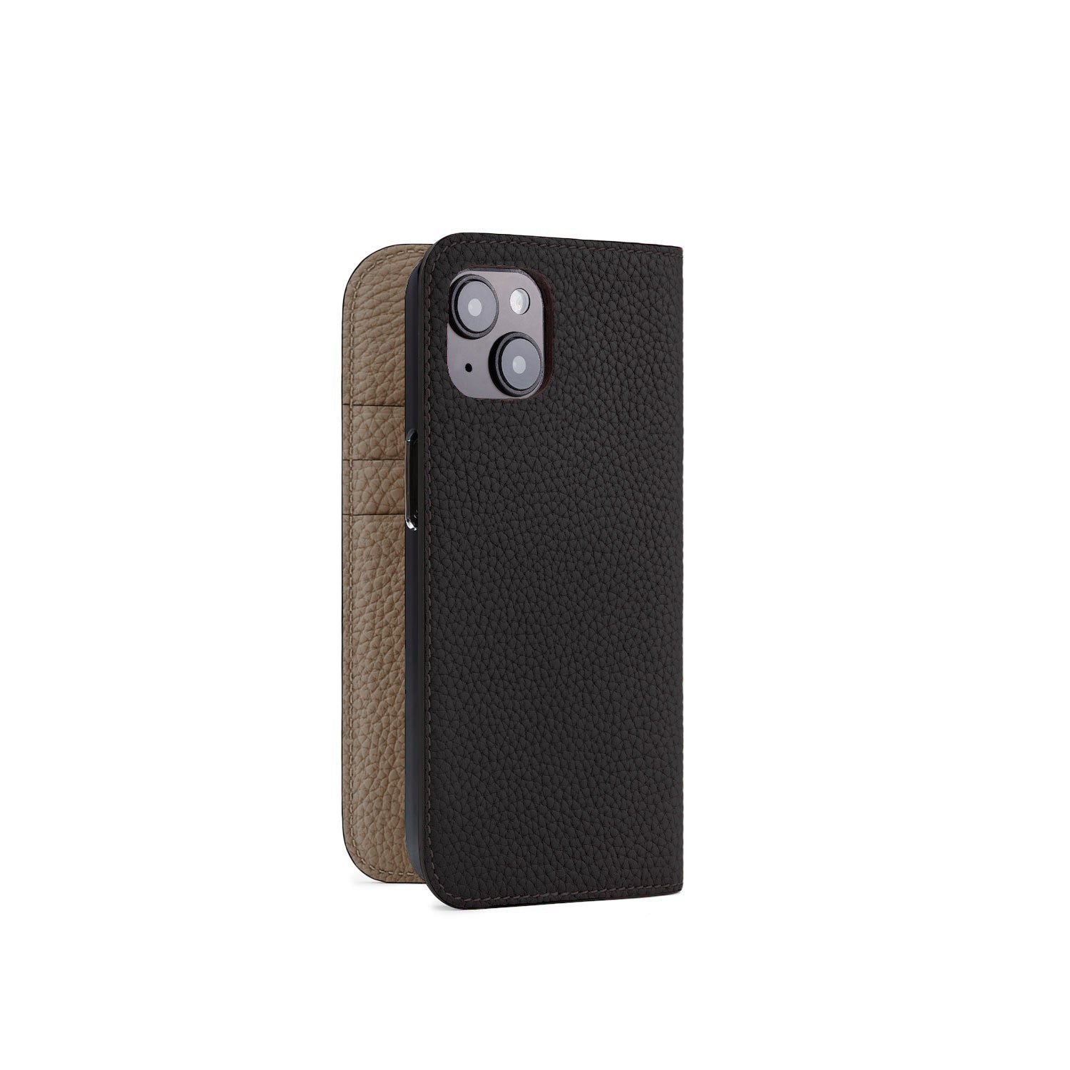 iPhone 15 Diary Case Shrink Leather (Black × Etoupe)