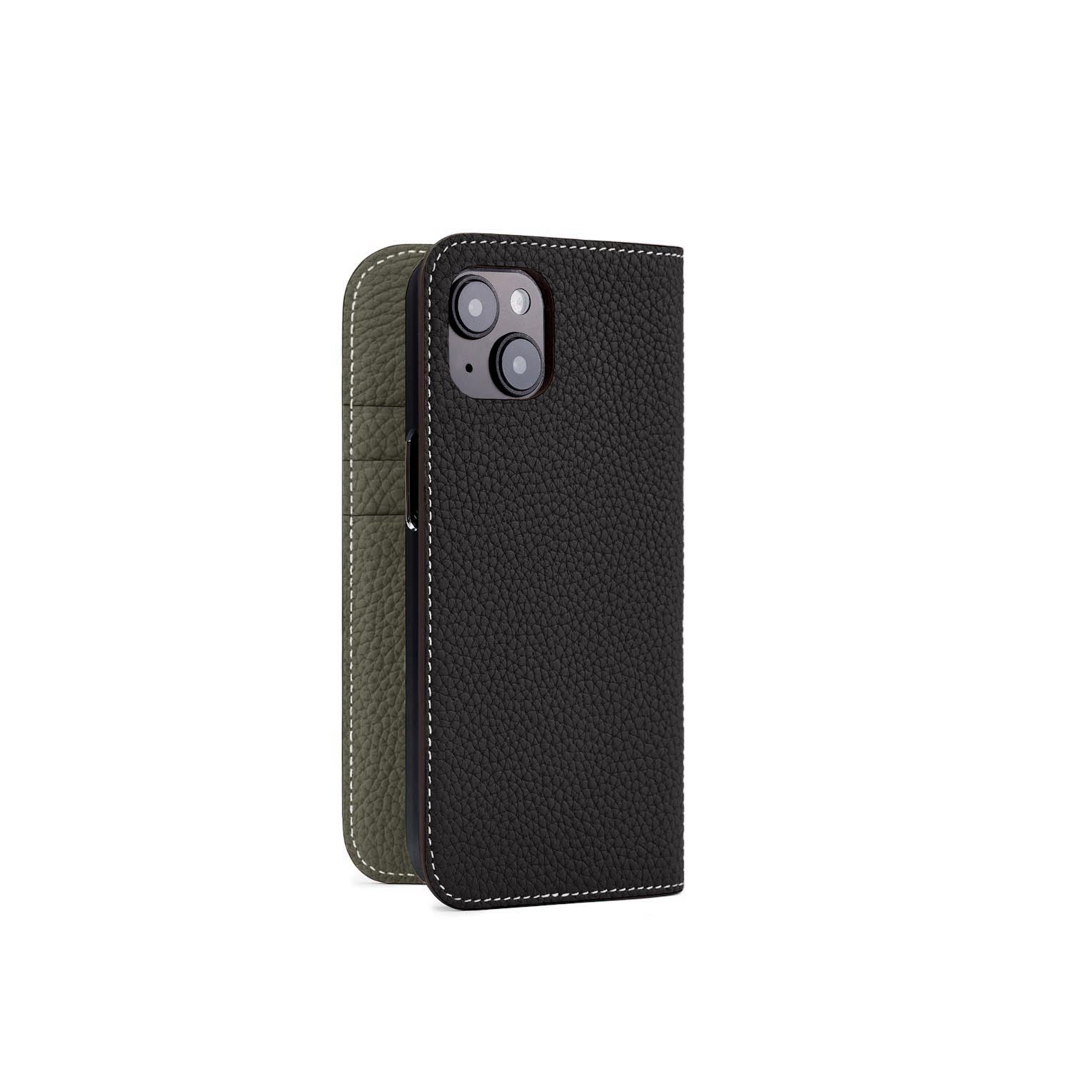iPhone 15 Diary Case Shrink Leather (Black × Olive)
