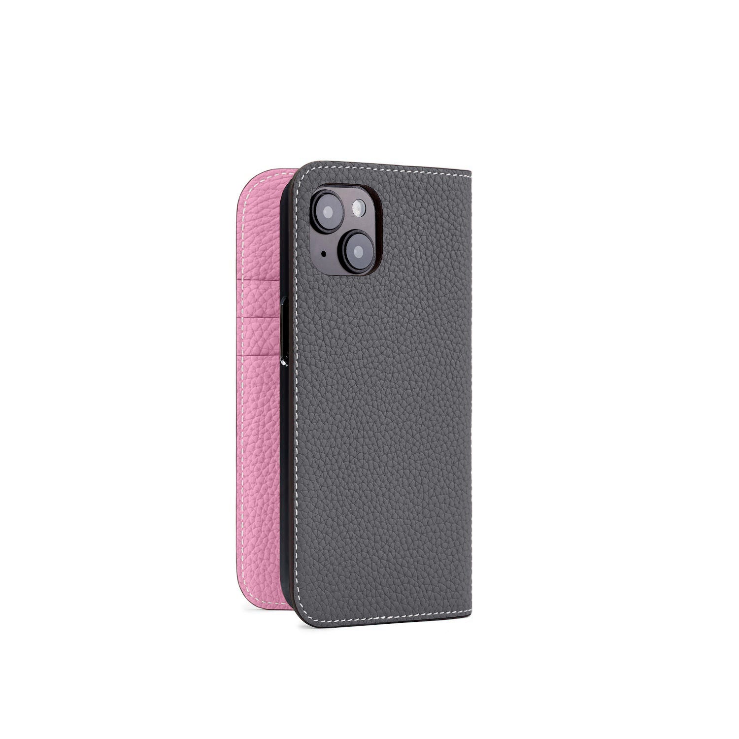 iPhone 15 Diary Case Shrink Leather (Charcoal Gray × Taffy Pink)