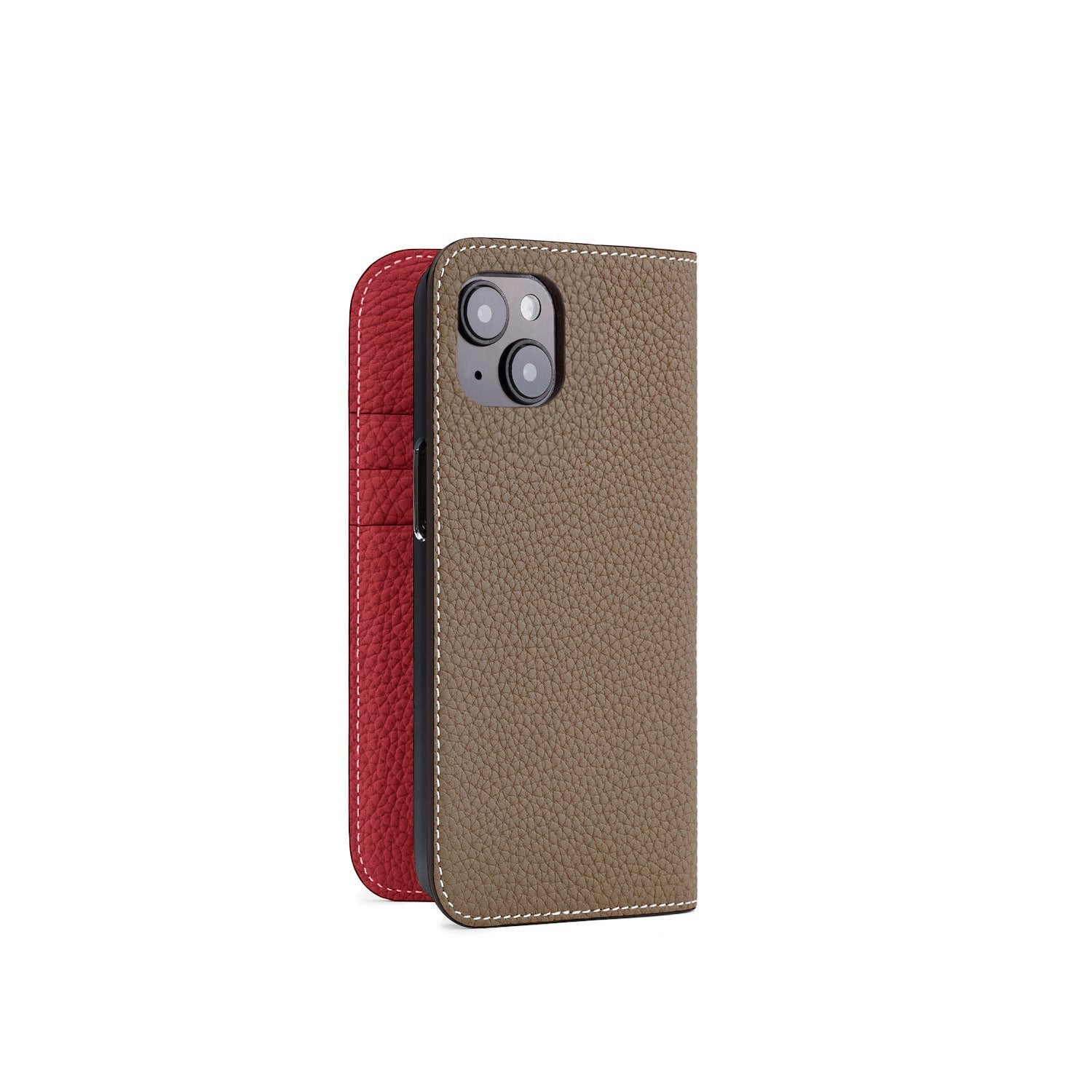 iPhone 15 Diary Case Shrink Leather (Etoupe × Red)