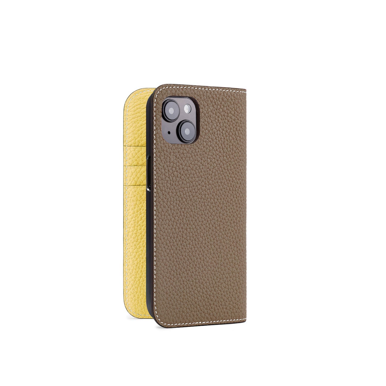 iPhone 15 Diary Case Shrink Leather (Etoupe × Yellow)