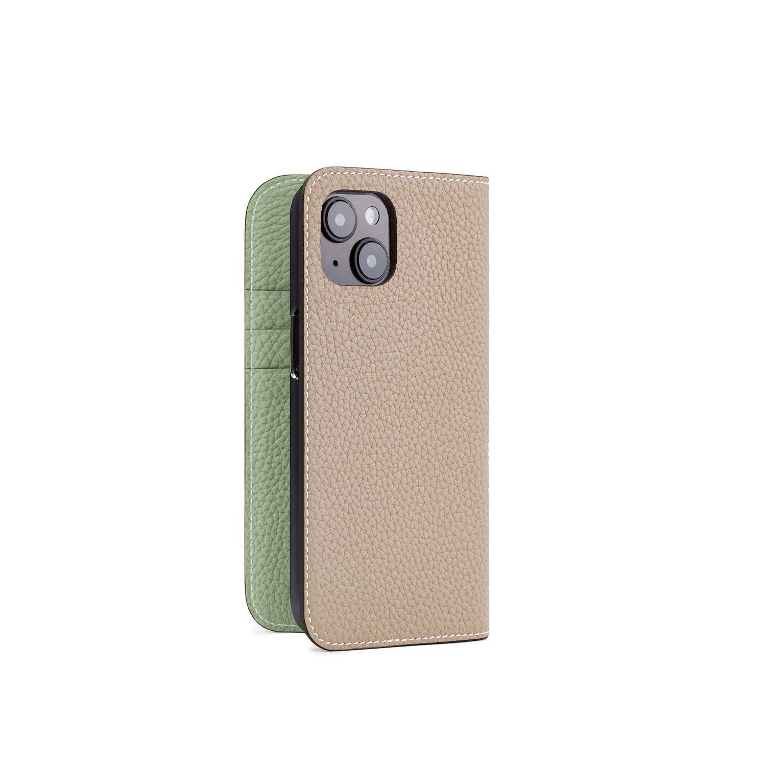 iPhone 15 Diary Case Shrink Leather (Greige × Atmos Green)
