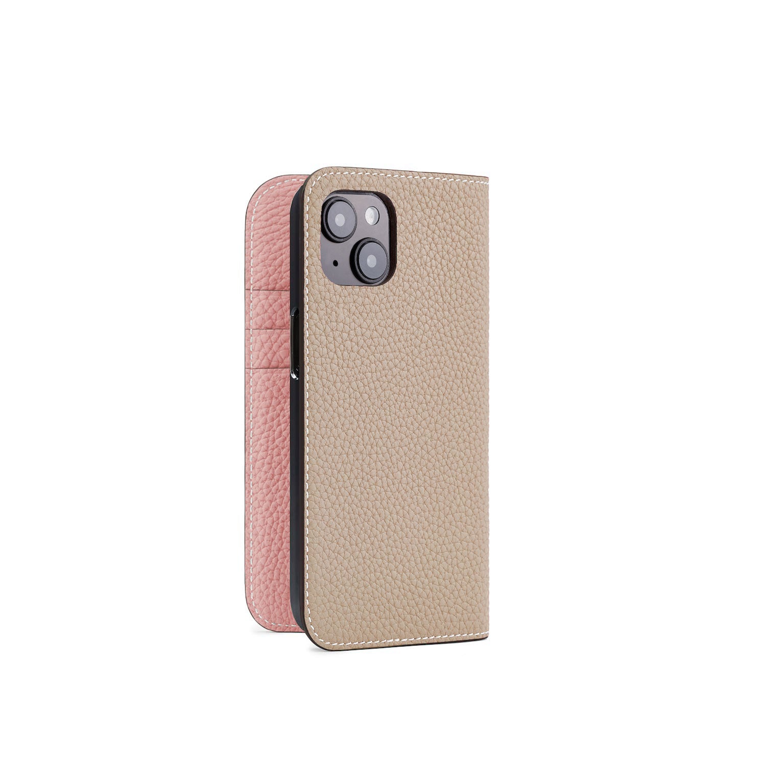 iPhone 15 Diary Case Shrink Leather (Greige × Coral Pink)