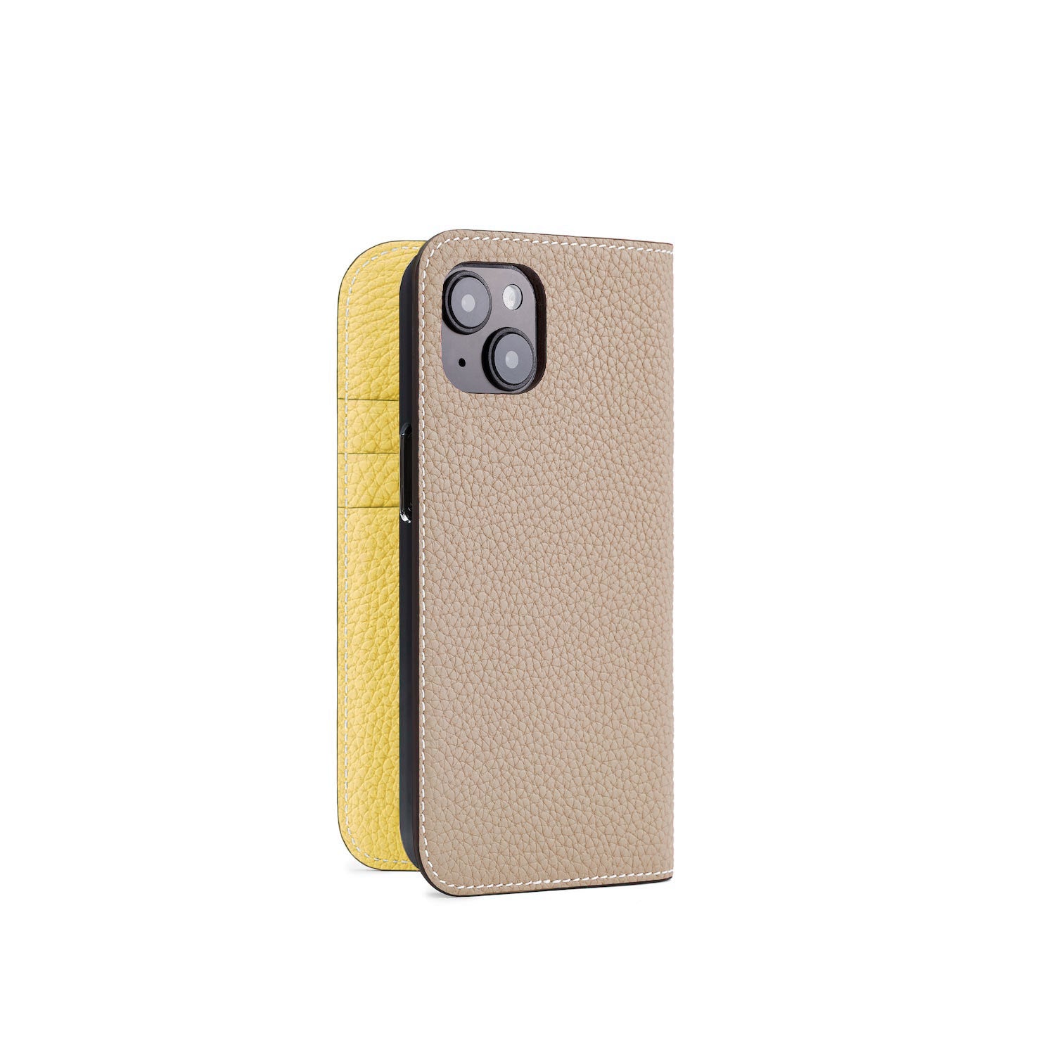 iPhone 15 Diary Case Shrink Leather (Greige × Yellow)
