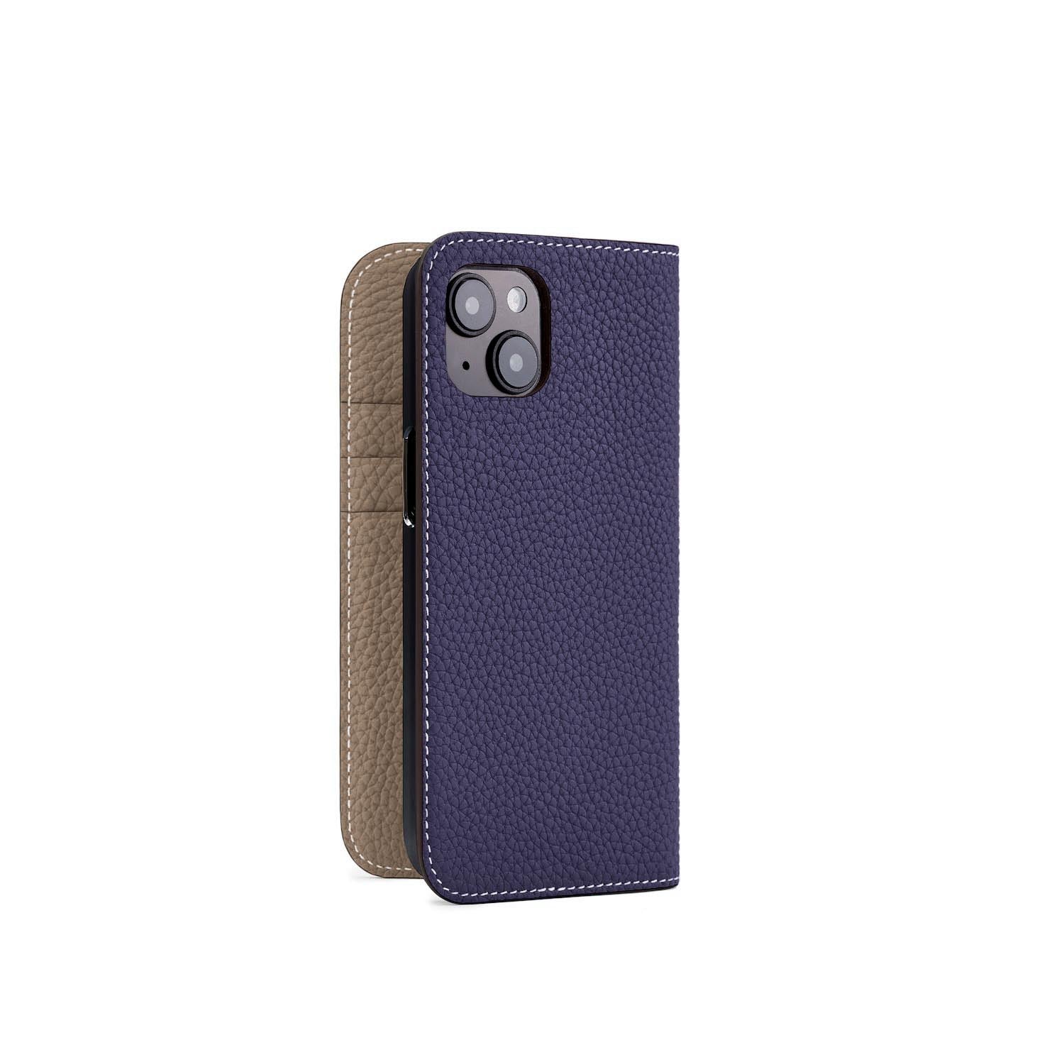 iPhone 15 Diary Case Shrink Leather (Indigo Blue × Etoupe)