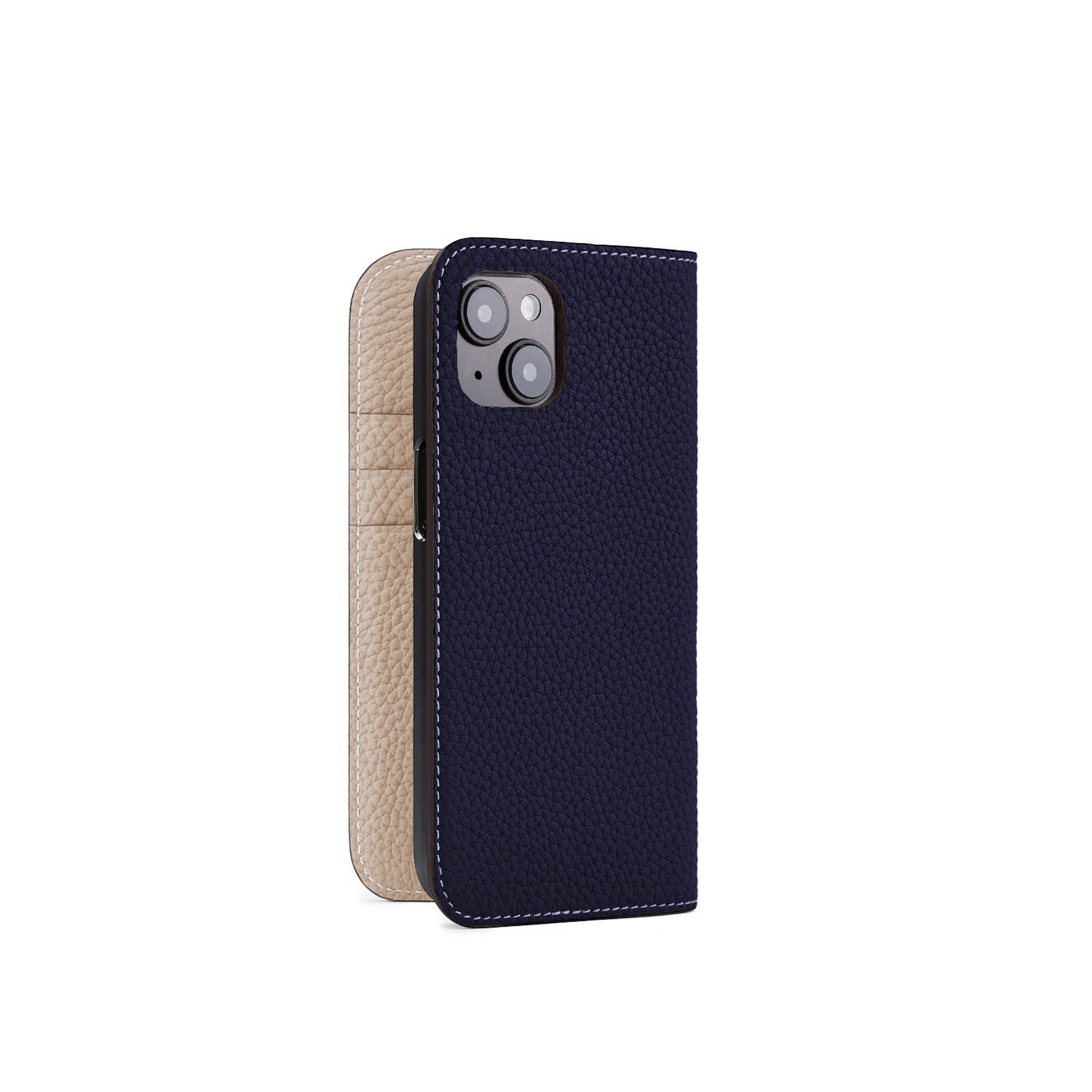 iPhone 15 Diary Case Shrink Leather (Navy × Greige)