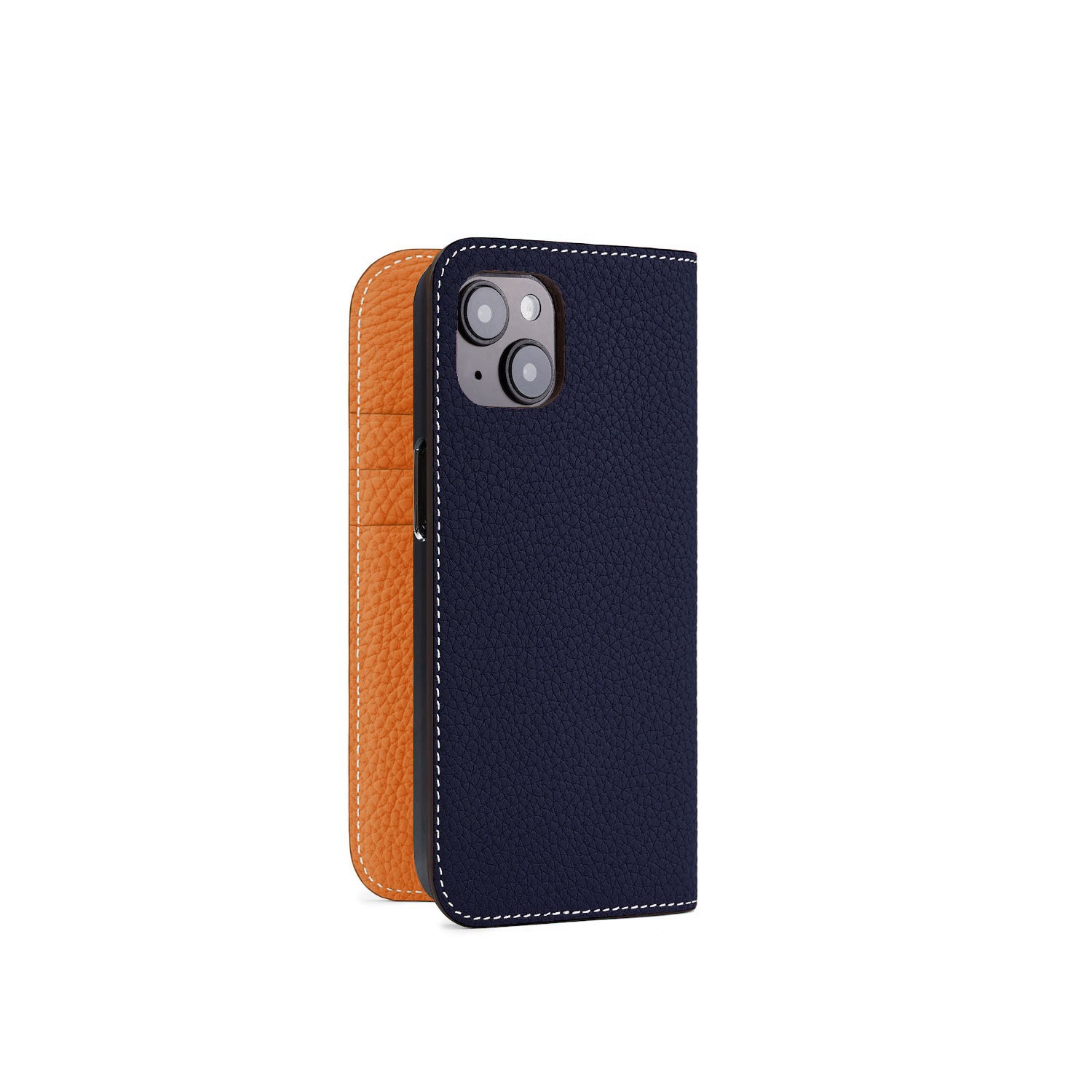 iPhone 15 Diary Case Shrink Leather (Navy × Orange)