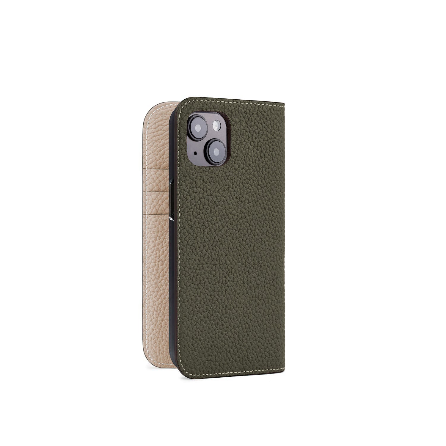iPhone 15 Diary Case Shrink Leather (Olive × Greige)