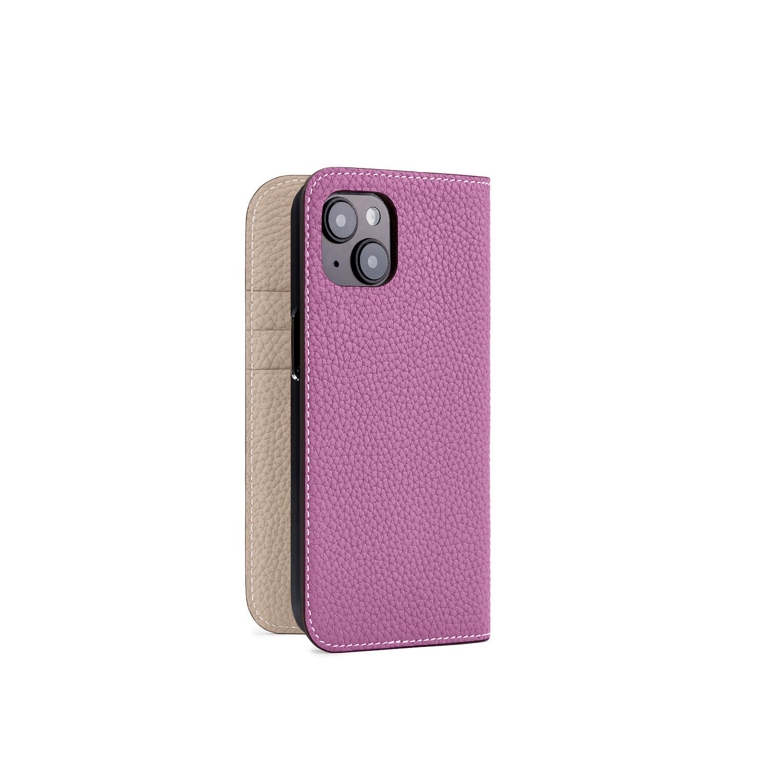 iPhone 15 Diary Case Shrink Leather (Pearl Purple × Greige)