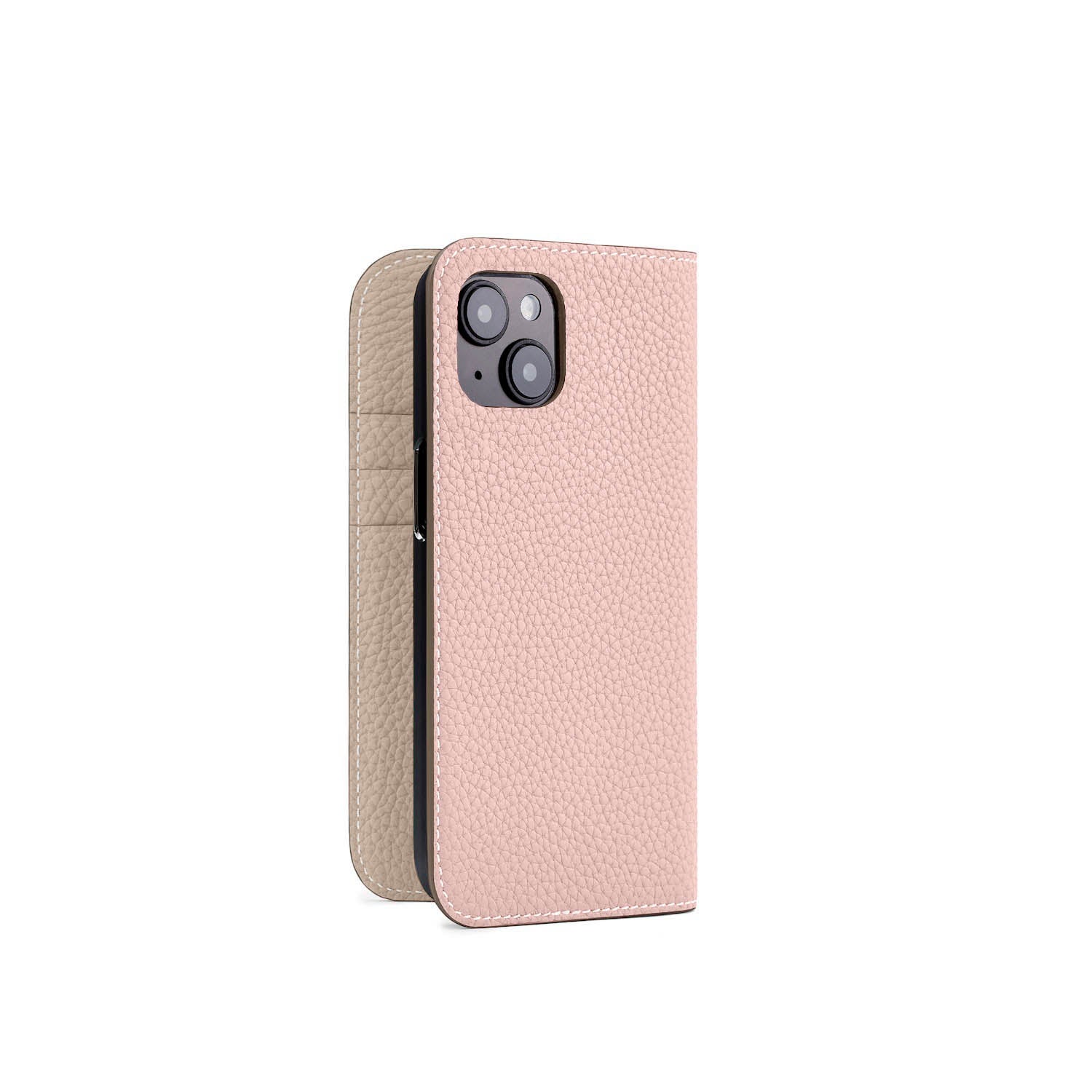 iPhone 15 Diary Case Shrink Leather (Sakura Pink × Greige (Etoupe edge paint))
