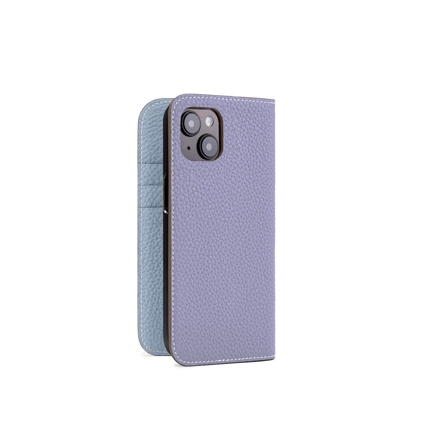 iPhone 15 Diary Case Shrink Leather (Wisteria Purple × Ice Blue (Etoupe edge paint))