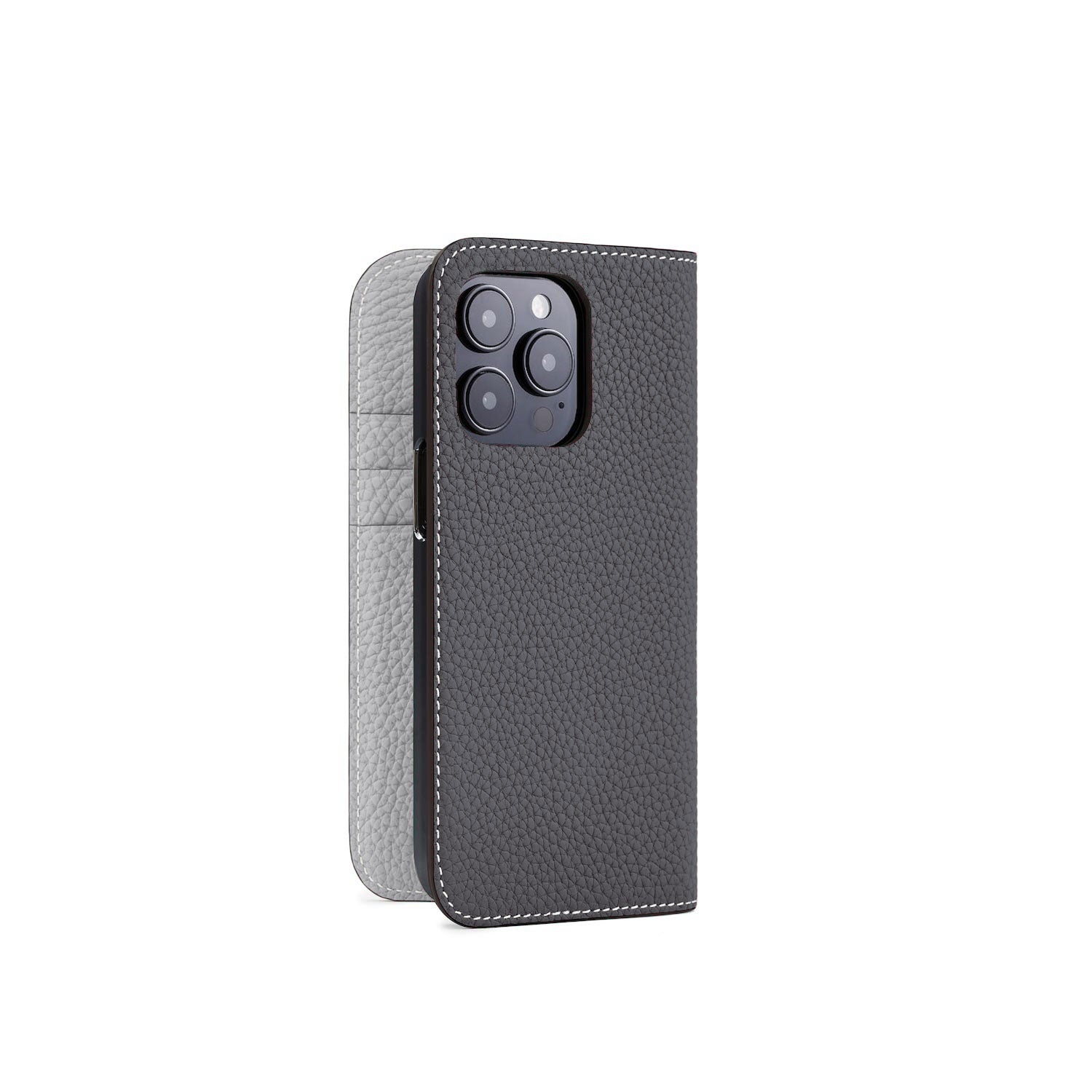 iPhone 15 Pro Diary Case Shrink Leather (Charcoal Gray × True Gray)