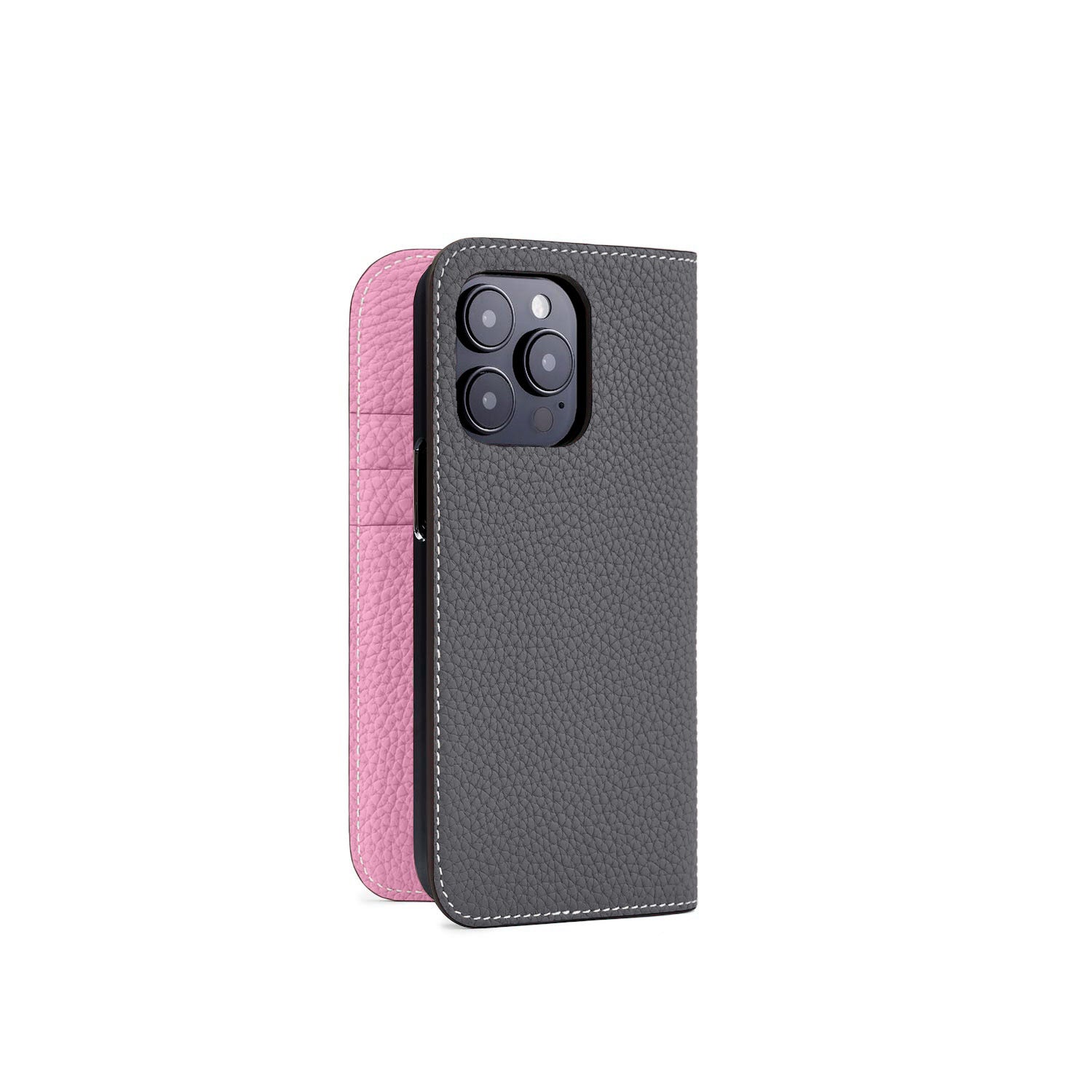 iPhone 15 Pro Diary Case Shrink Leather (Charcoal Gray × Taffy Pink)