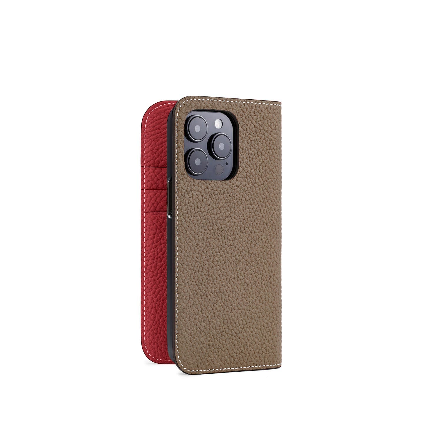 iPhone 15 Pro Diary Case Shrink Leather (Etoupe × Red)
