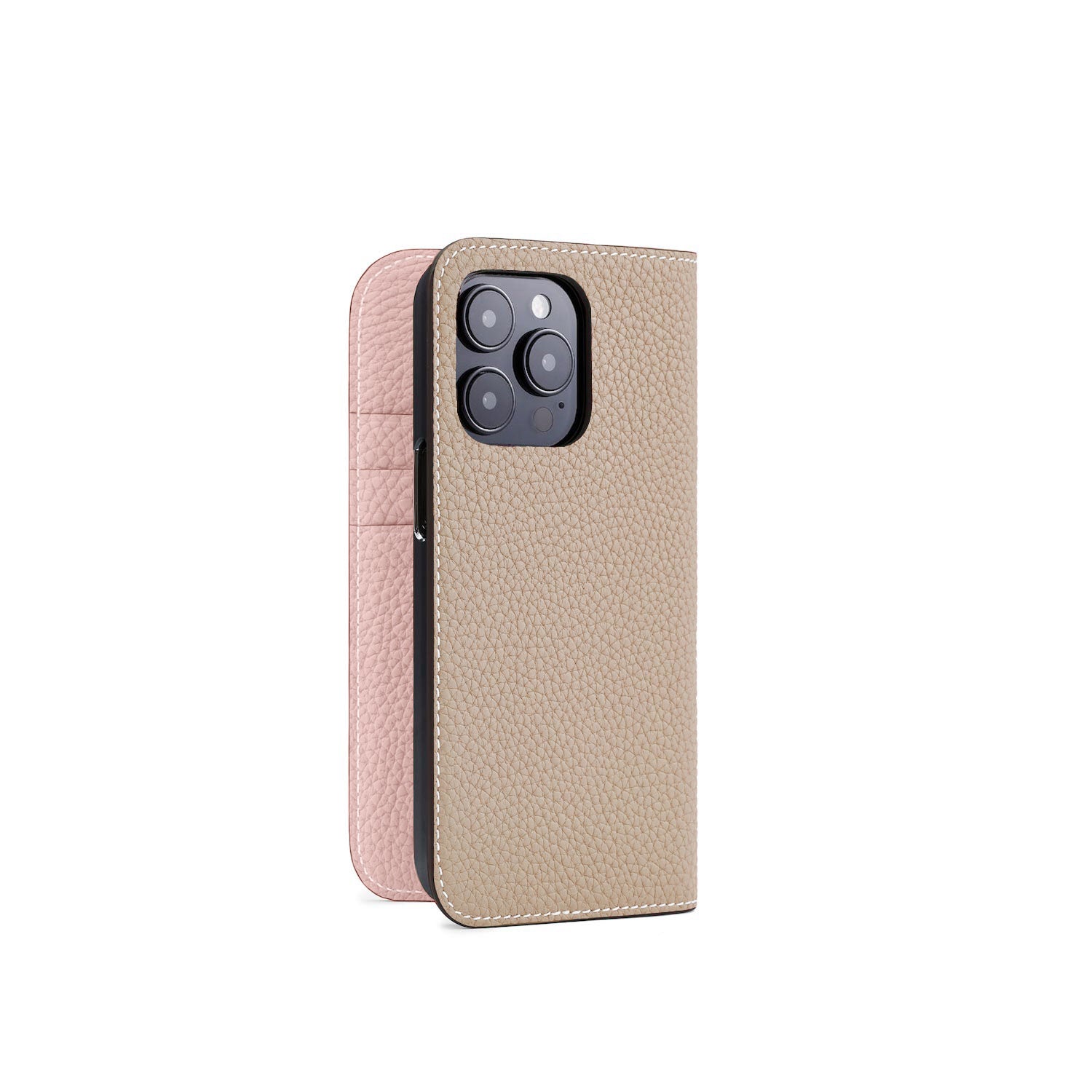 iPhone 15 Pro Diary Case Shrink Leather (Greige × Sakura Pink)