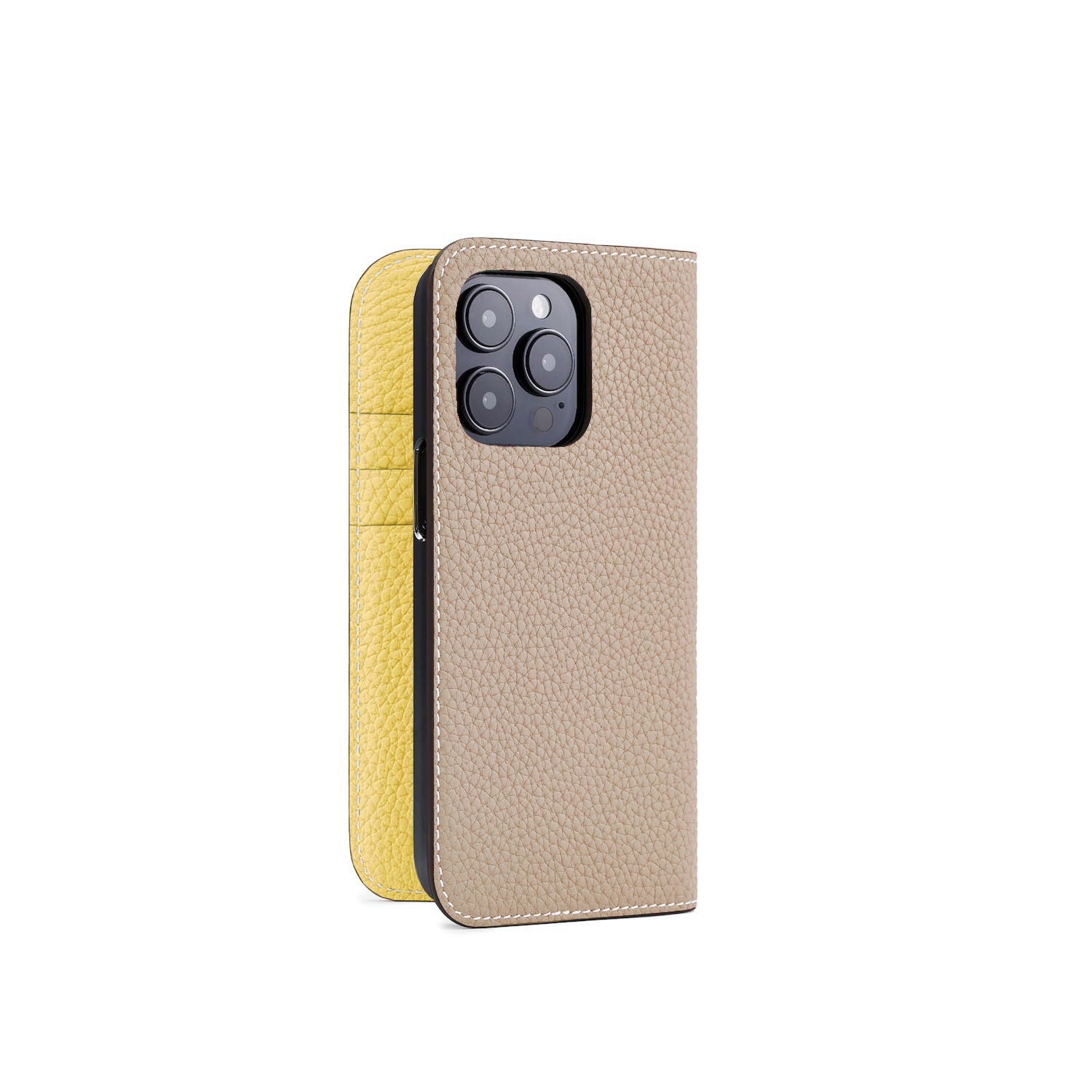 iPhone 15 Pro Diary Case Shrink Leather (Greige × Yellow)