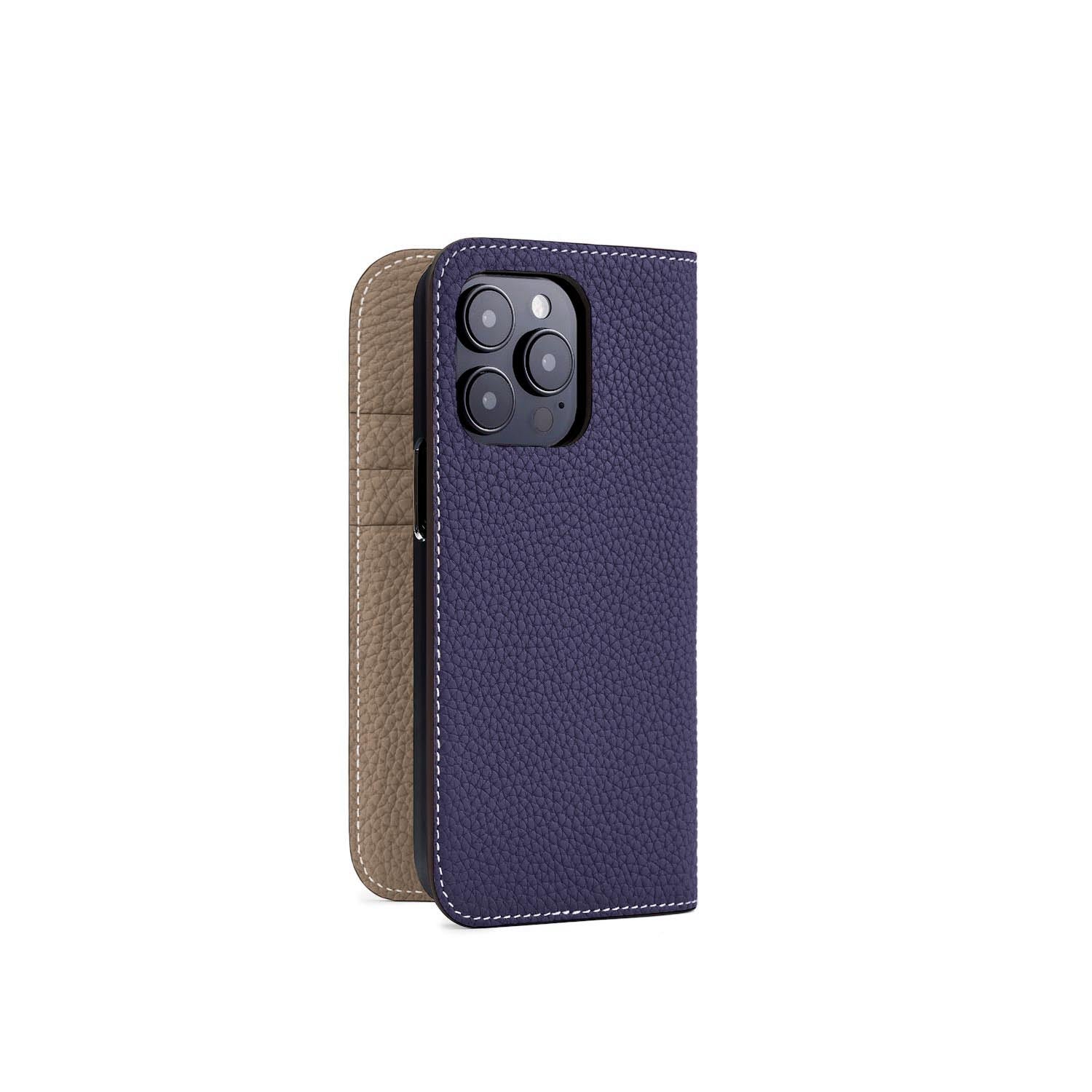 iPhone 15 Pro Diary Case Shrink Leather (Indigo Blue × Etoupe)