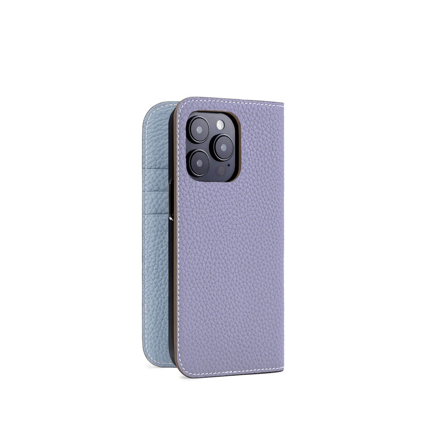 iPhone 15 Pro Diary Case Shrink Leather (Wisteria Purple × Ice Blue (Etoupe edge paint))