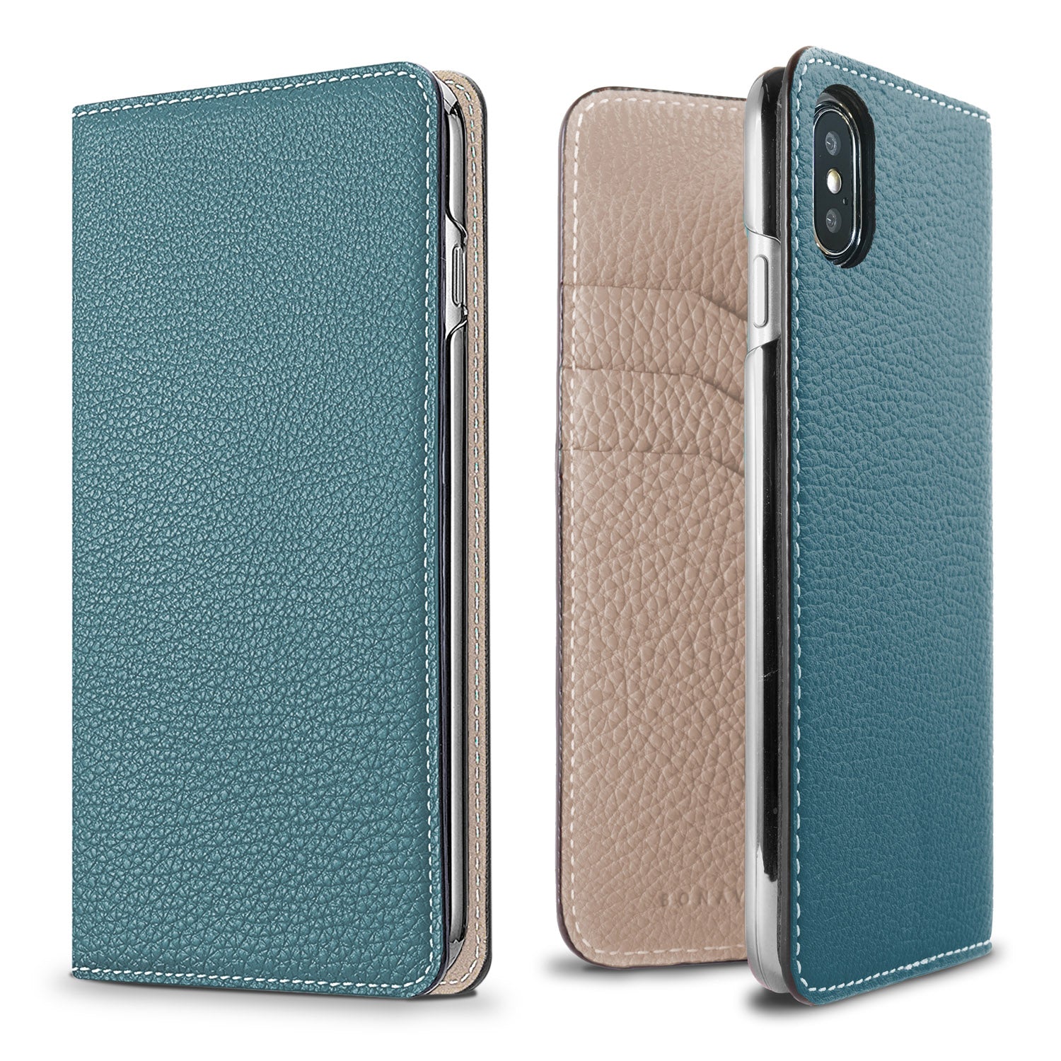 iPhone X / Xs Diary Case Shrink Leather (Blue Cyan × Greige)