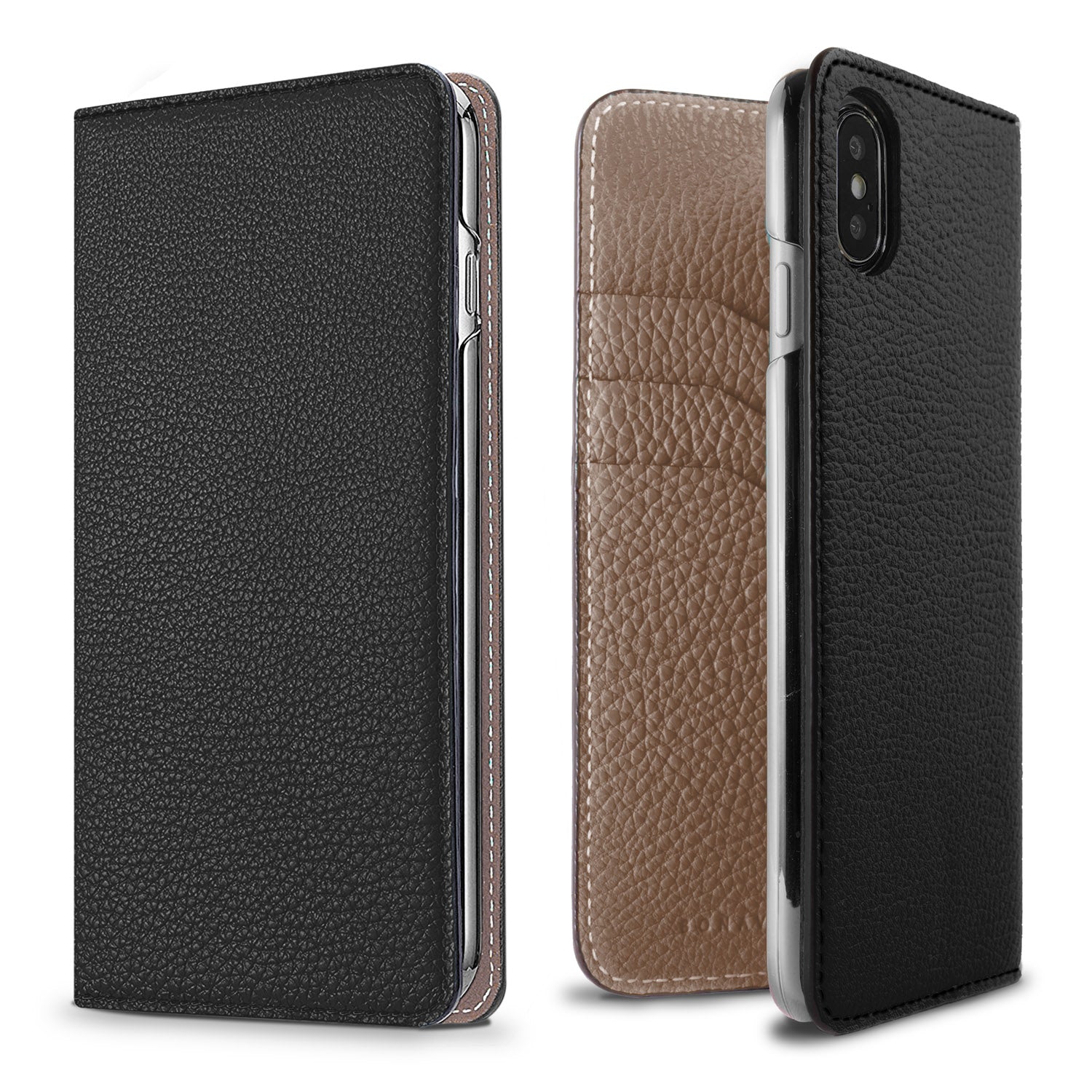 iPhone X / Xs Diary Case Shrink Leather (Black × Etoupe)