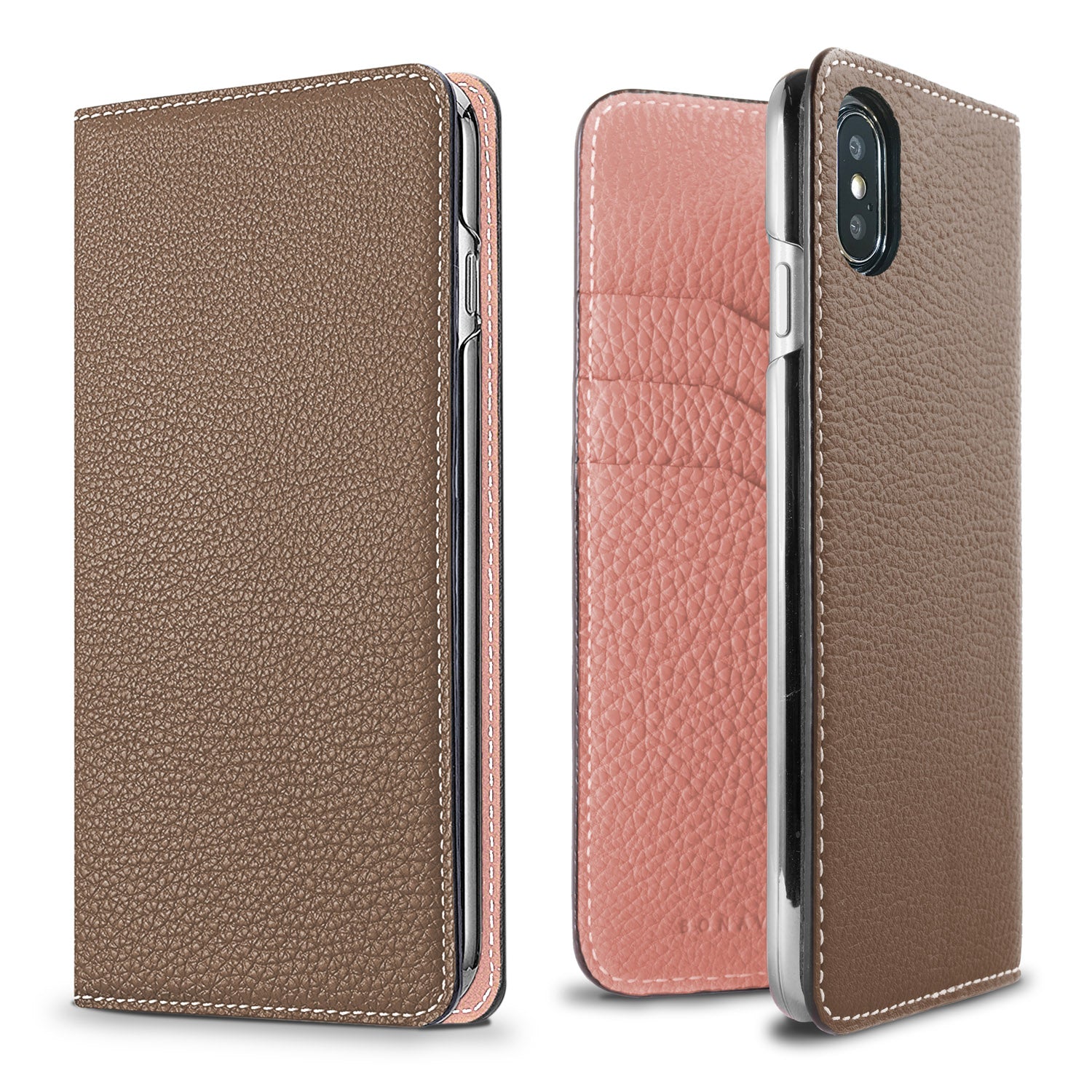 iPhone X / Xs Diary Case Shrink Leather (Etoupe × Coral Pink)