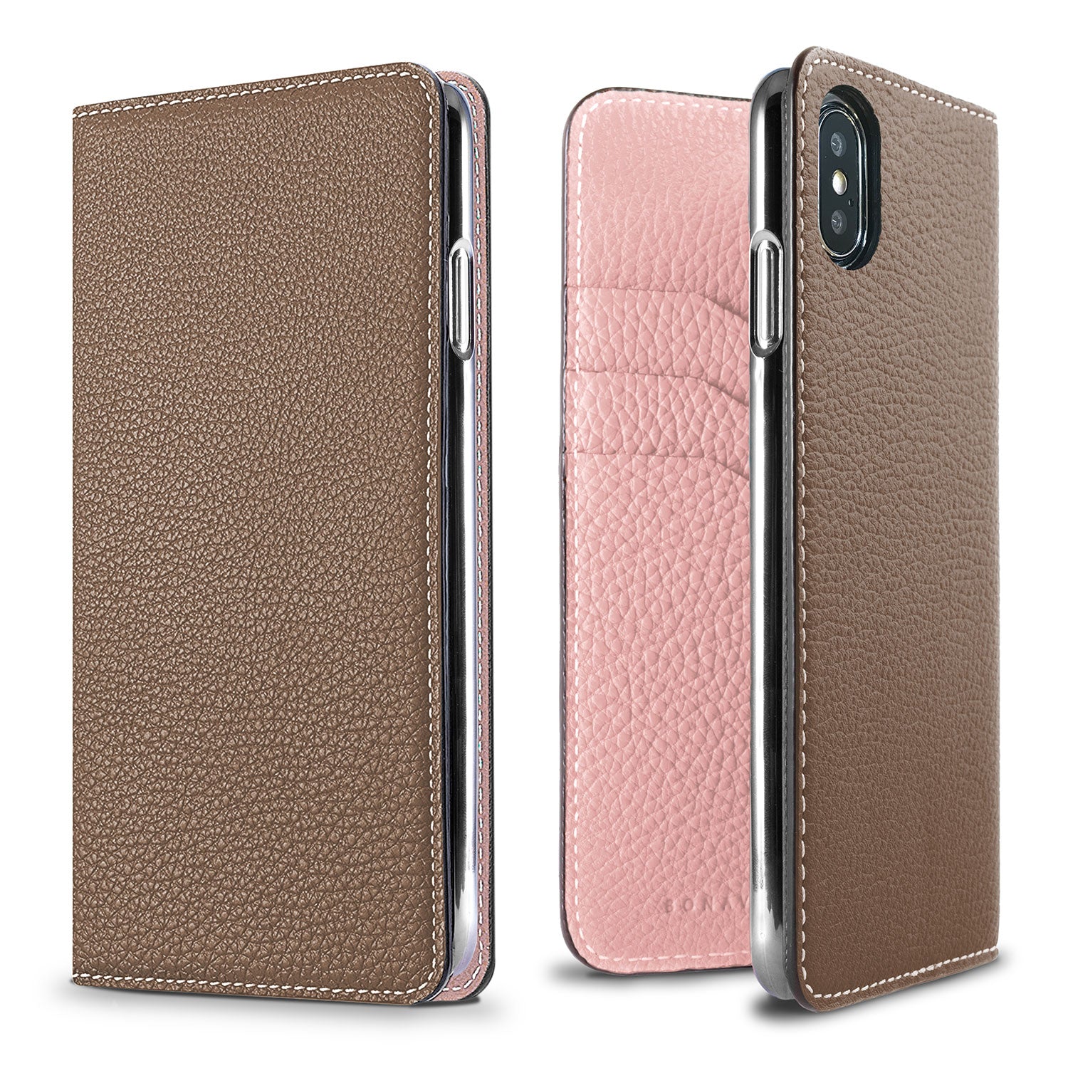 iPhone X / Xs Diary Case Shrink Leather (Etoupe × Sakura Pink)