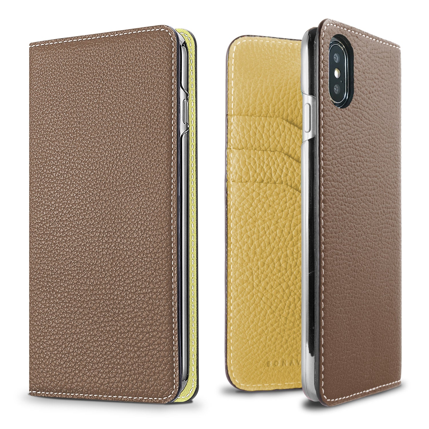 iPhone X / Xs Diary Case Shrink Leather (Etoupe × Yellow)