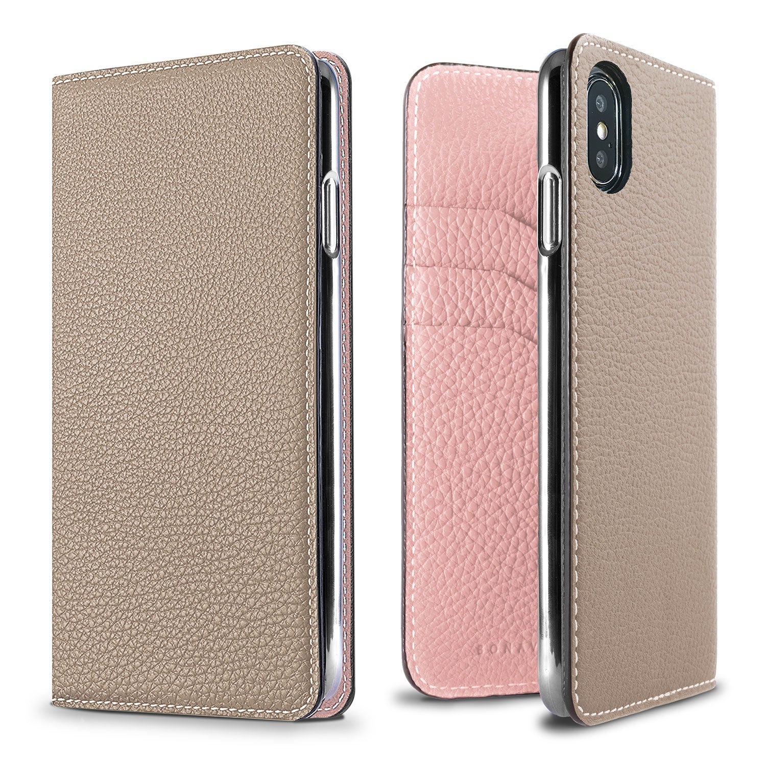 iPhone X / Xs Diary Case Shrink Leather (Greige × Sakura Pink)