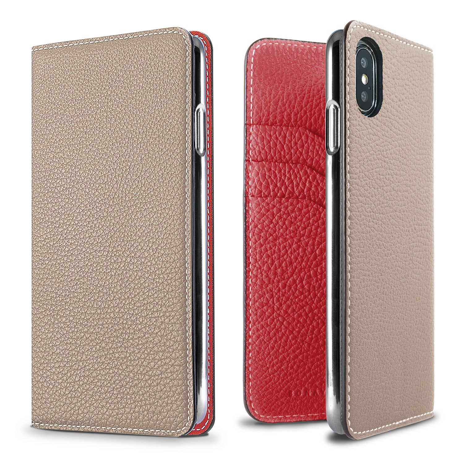 iPhone X / Xs Diary Case Shrink Leather (Greige × Red)
