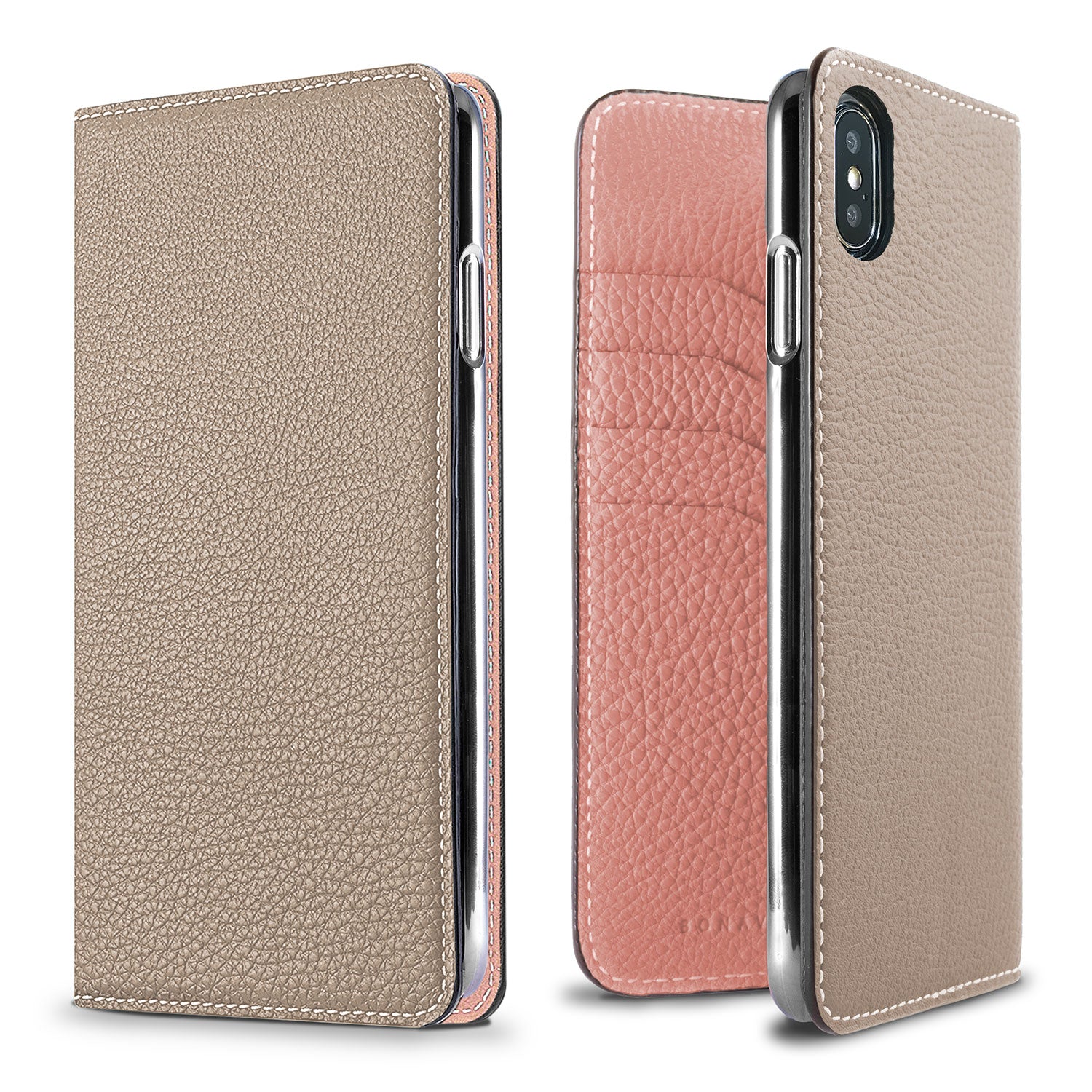 iPhone Xs Max Diary Case Shrink Leather (Greige × Coral Pink)