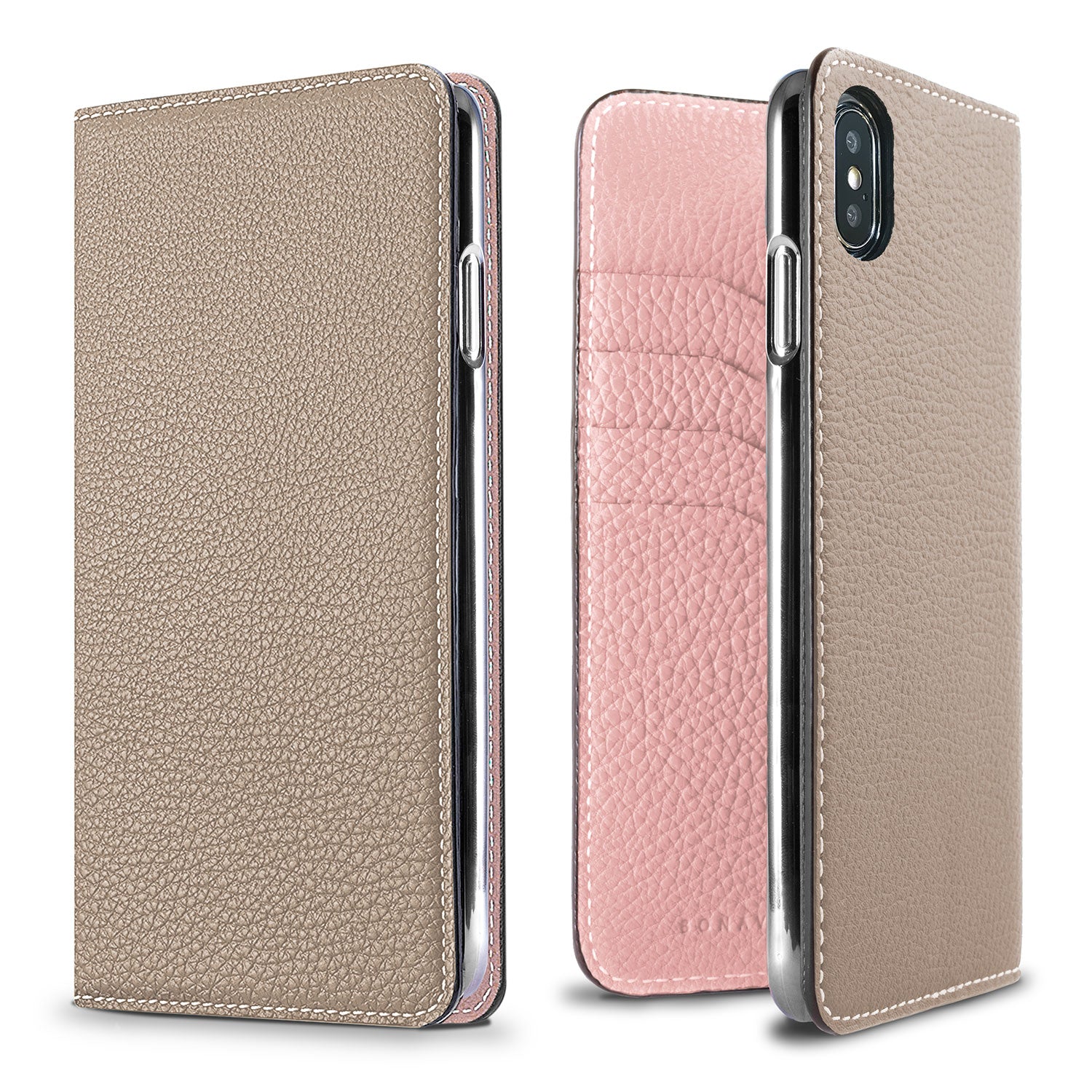 iPhone Xs Max Diary Case Shrink Leather (Greige × Sakura Pink)
