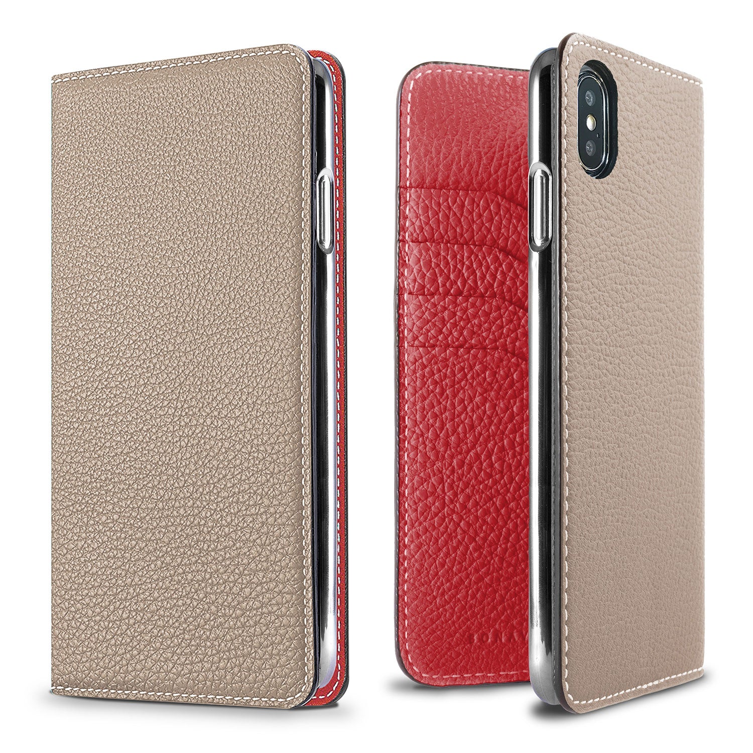 iPhone Xs Max Diary Case Shrink Leather (Greige × Red)