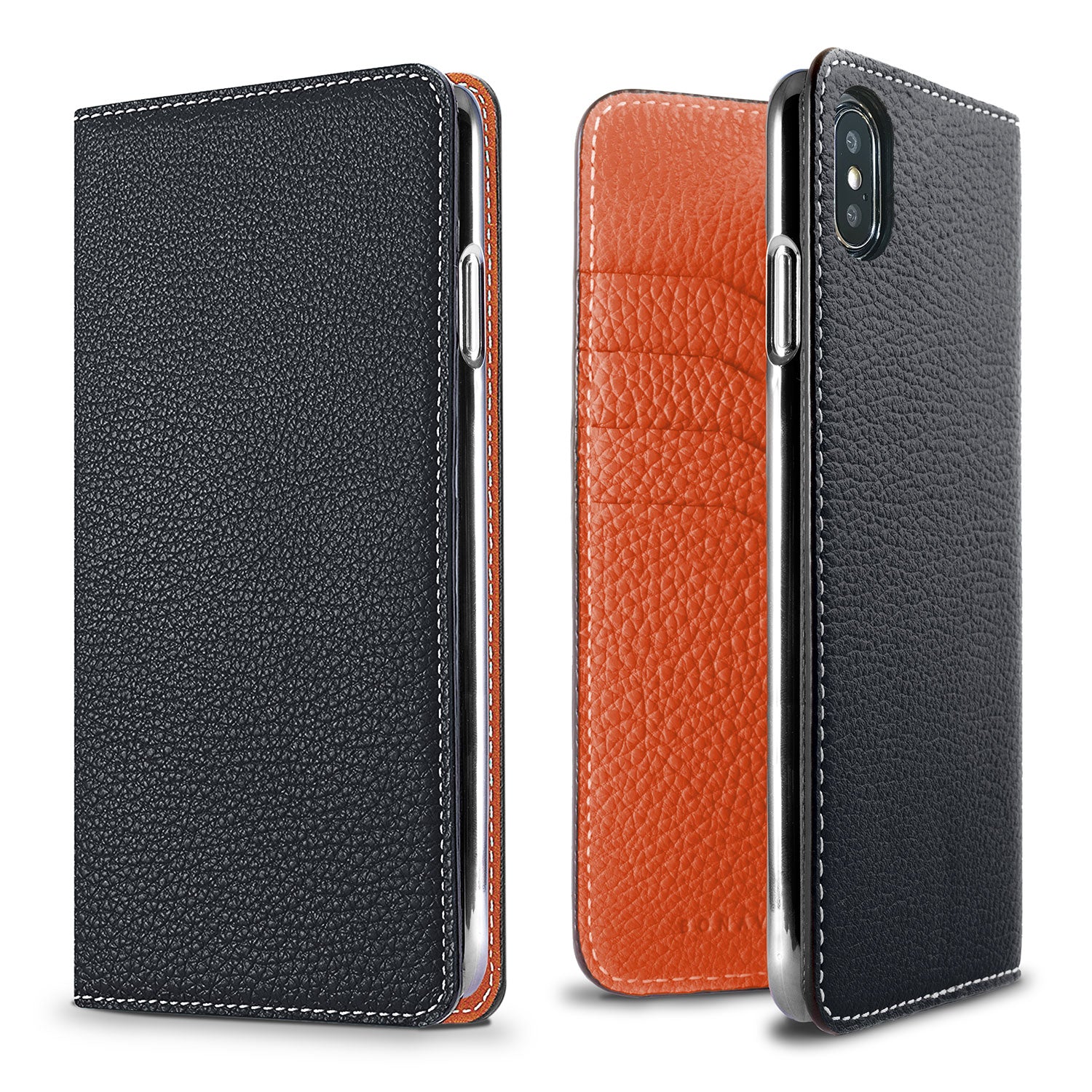 iPhone Xs Max Diary Case Shrink Leather (Navy × Orange)