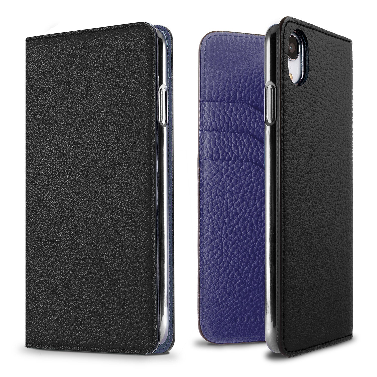 iPhone XR Diary Case Shrink Leather (Black × Electric Blue)