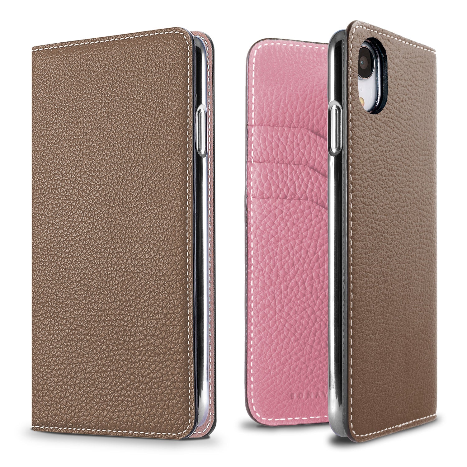 iPhone XR Diary Case Shrink Leather (Etoupe × Confetti Pink)
