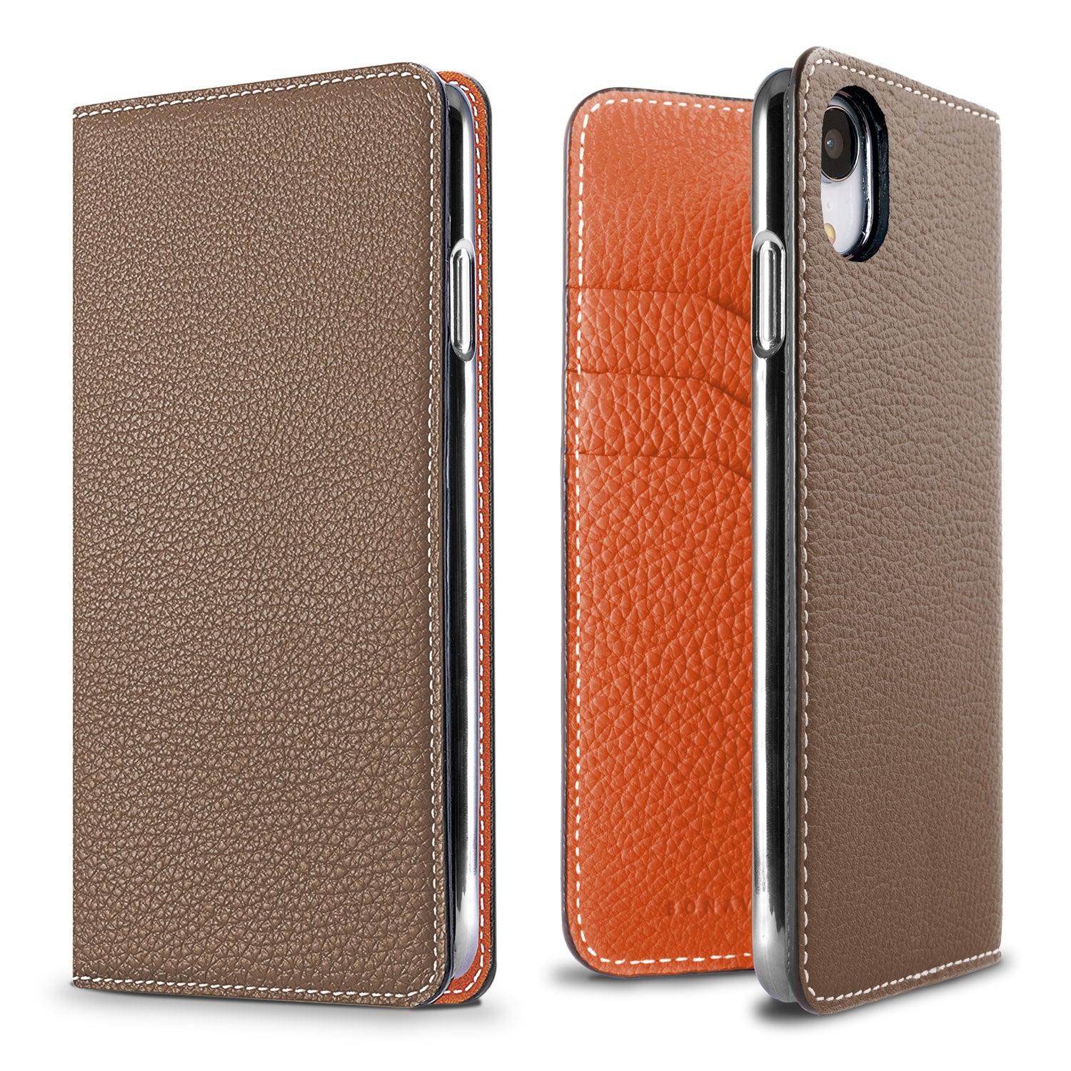 iPhone XR Diary Case Shrink Leather (Etoupe × Orange)