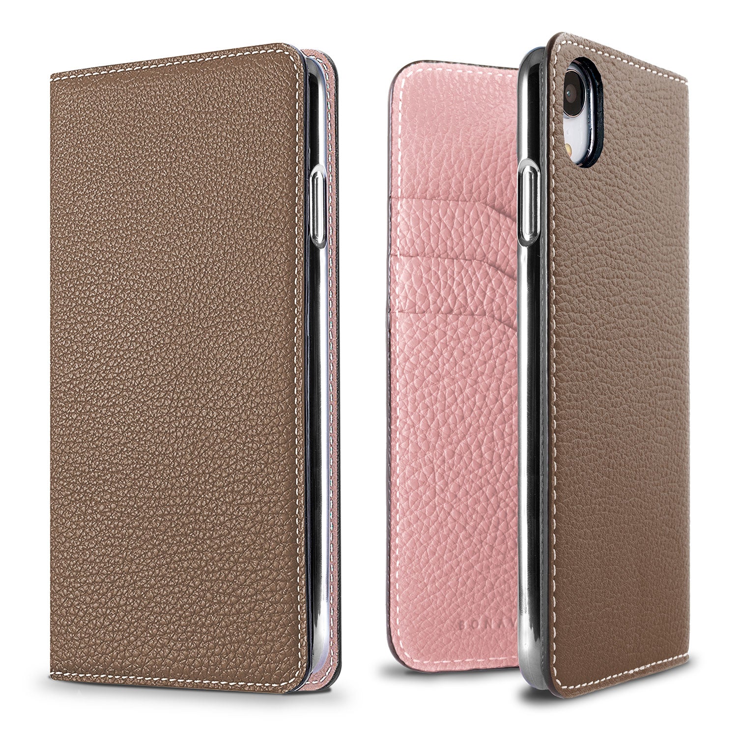 iPhone XR Diary Case Shrink Leather (Etoupe × Sakura Pink)