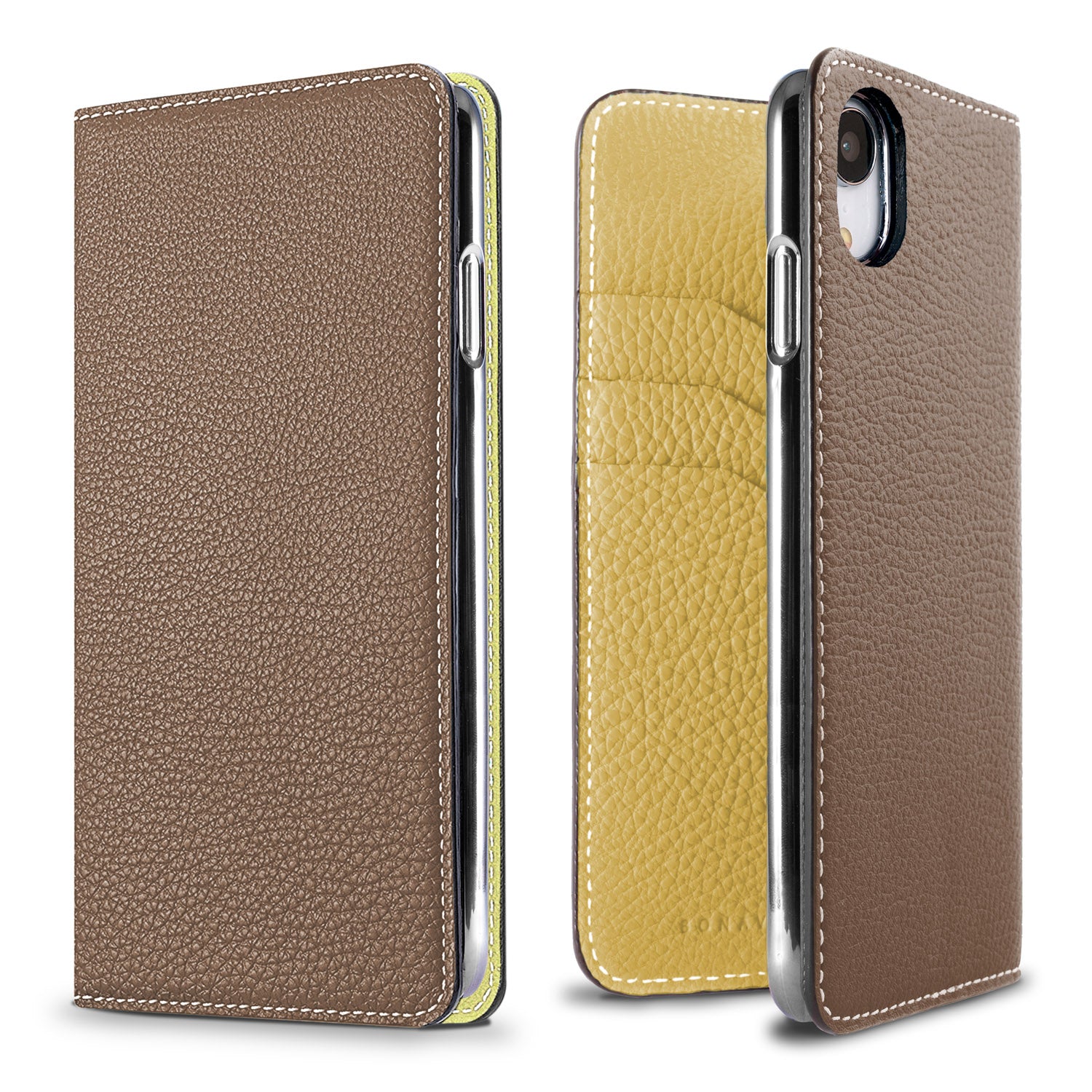 iPhone XR Diary Case Shrink Leather (Etoupe × Yellow)