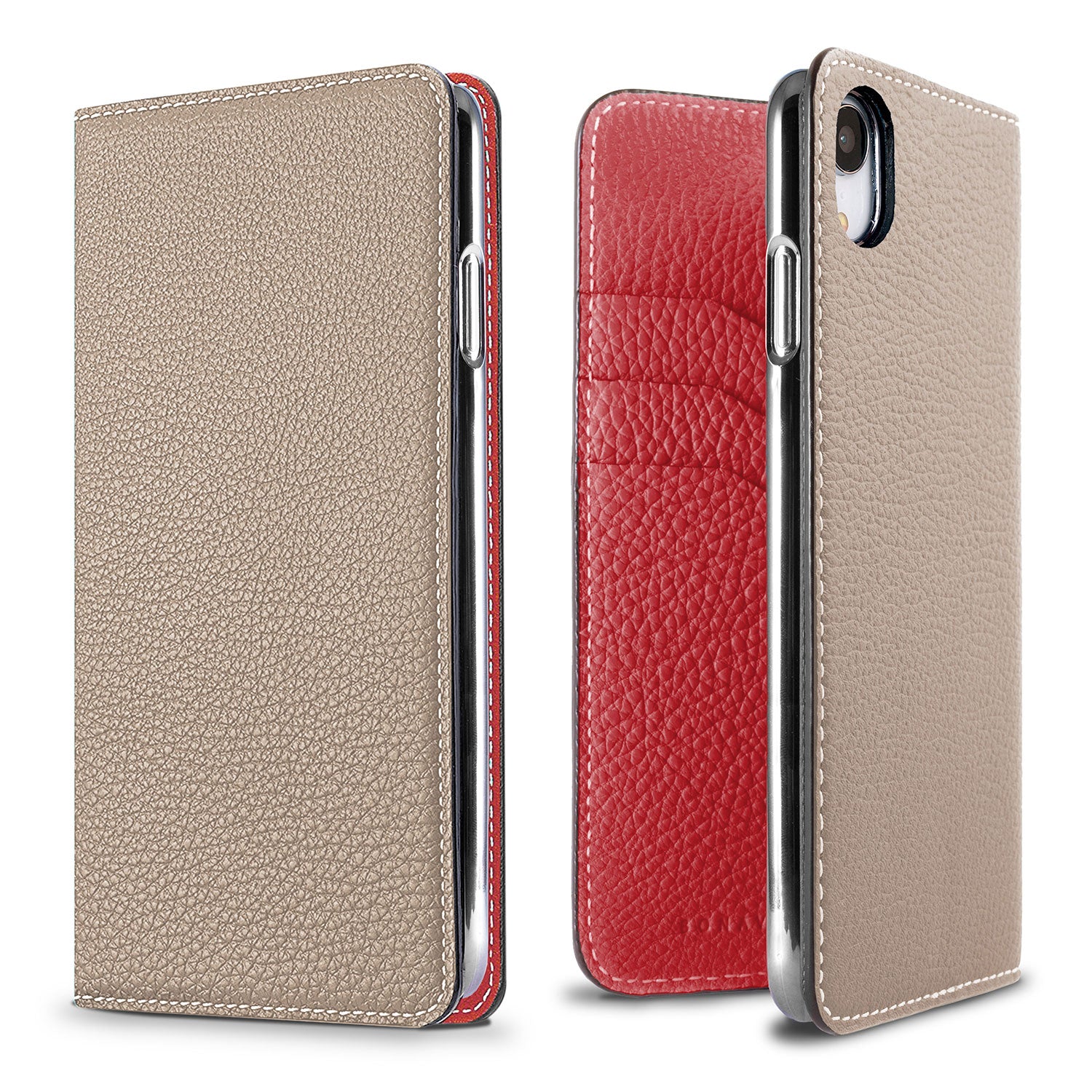 iPhone XR Diary Case Shrink Leather (Greige × Red)