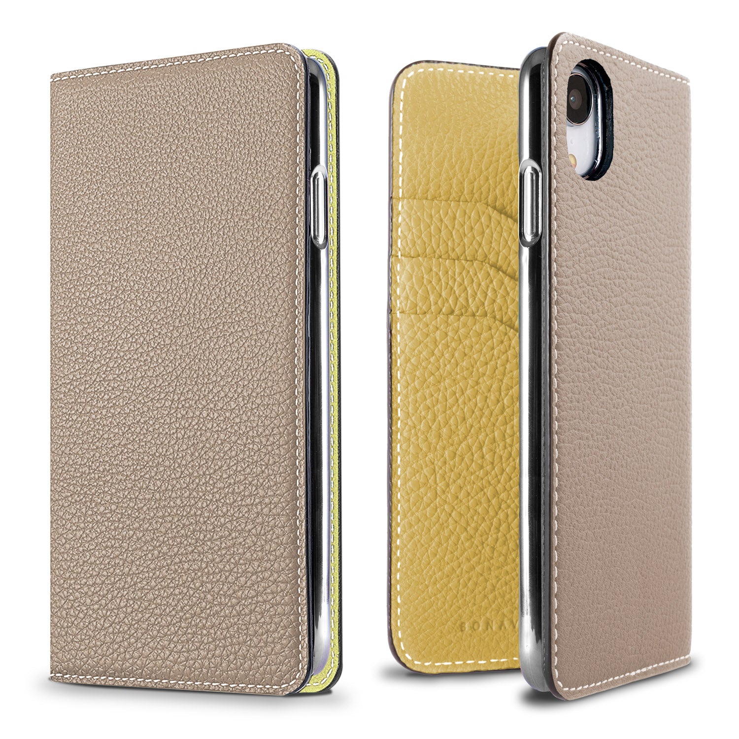 iPhone XR Diary Case Shrink Leather (Greige × Yellow)